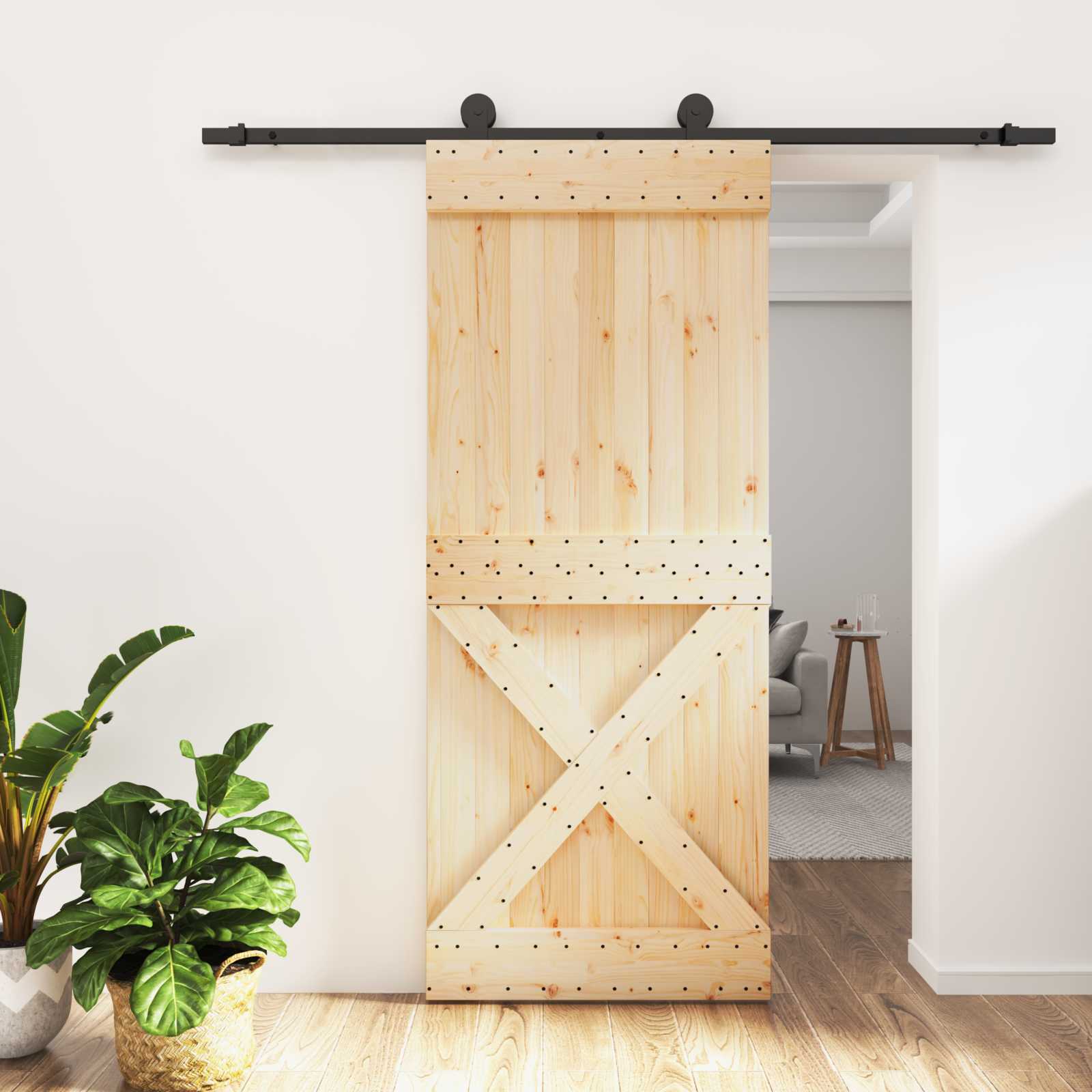 Schiebetür Natürlich und Schwarz 85 x 210 cm Massivkiefer