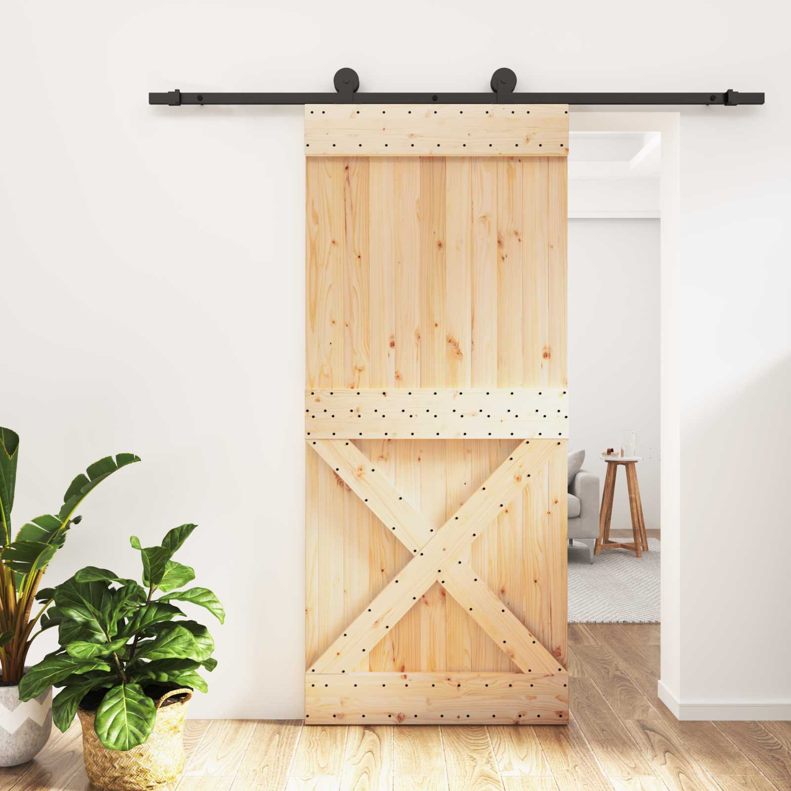Schiebetür Natürlich und Schwarz 90 x 210 cm Massivkiefer