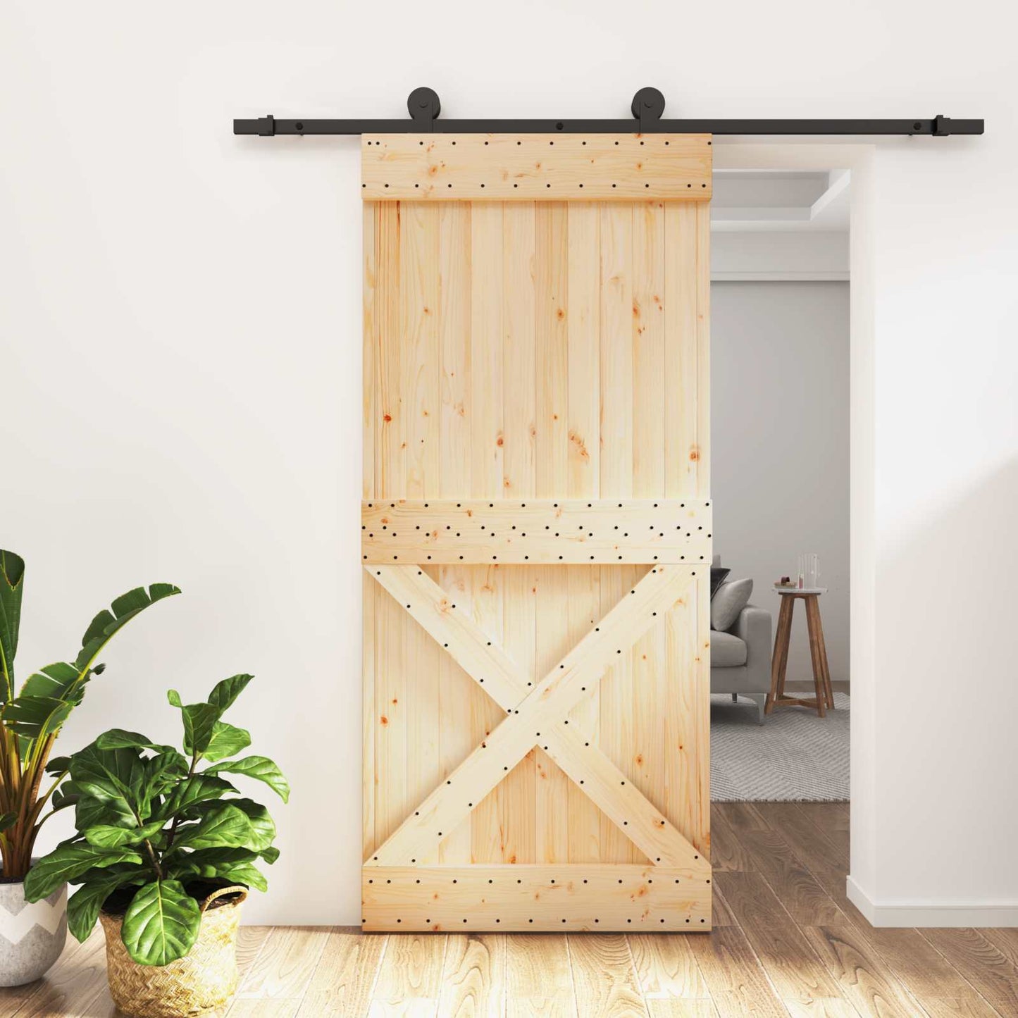 Schiebetür Natürlich und Schwarz 95 x 210 cm Massivkiefer