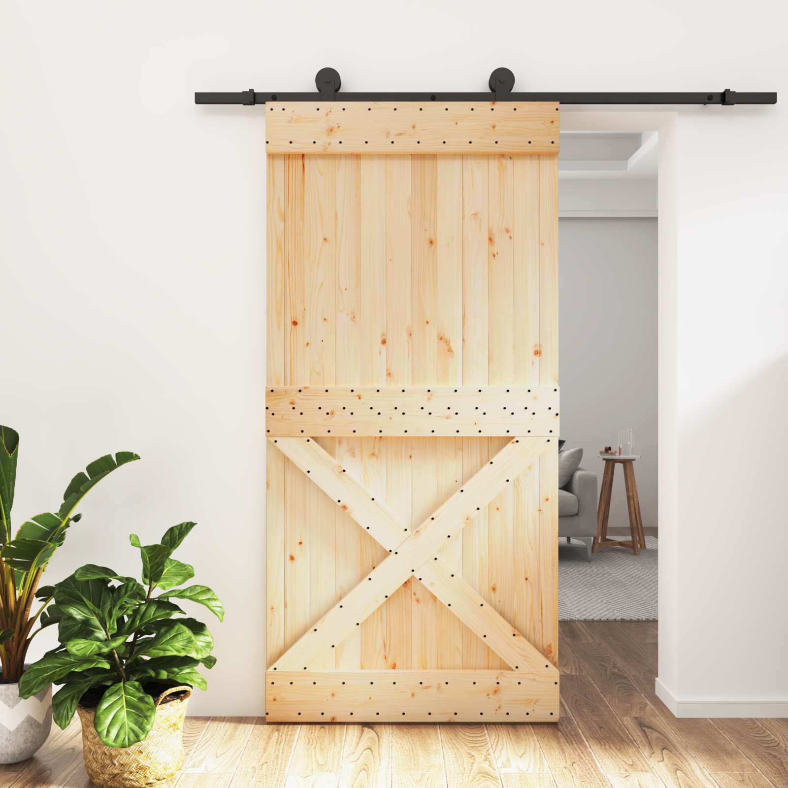 Schiebetür Natürlich und Schwarz 100 x 210 cm Massivkiefer