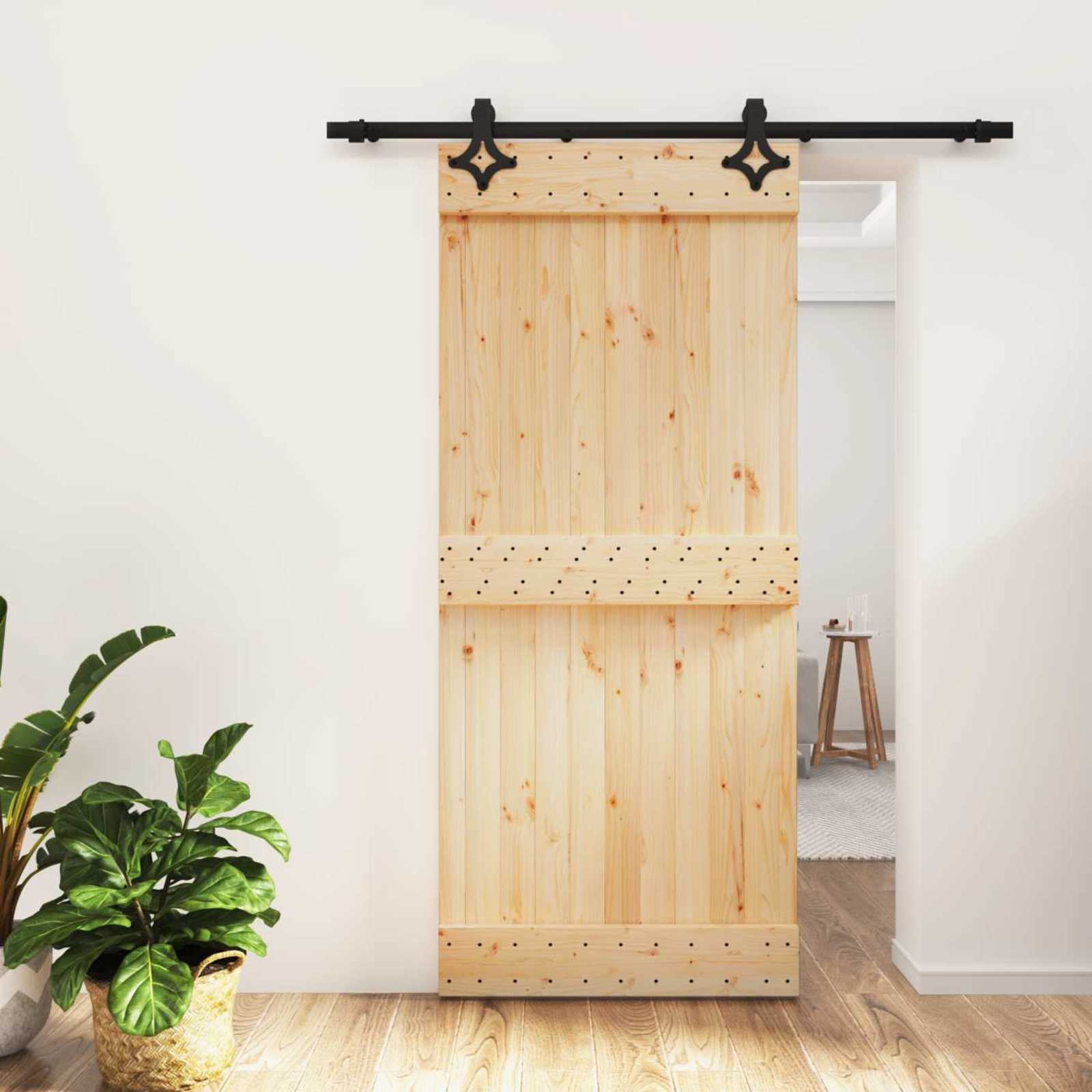 Schiebetür Natürlich und Schwarz 90 x 210 cm Massivkiefer