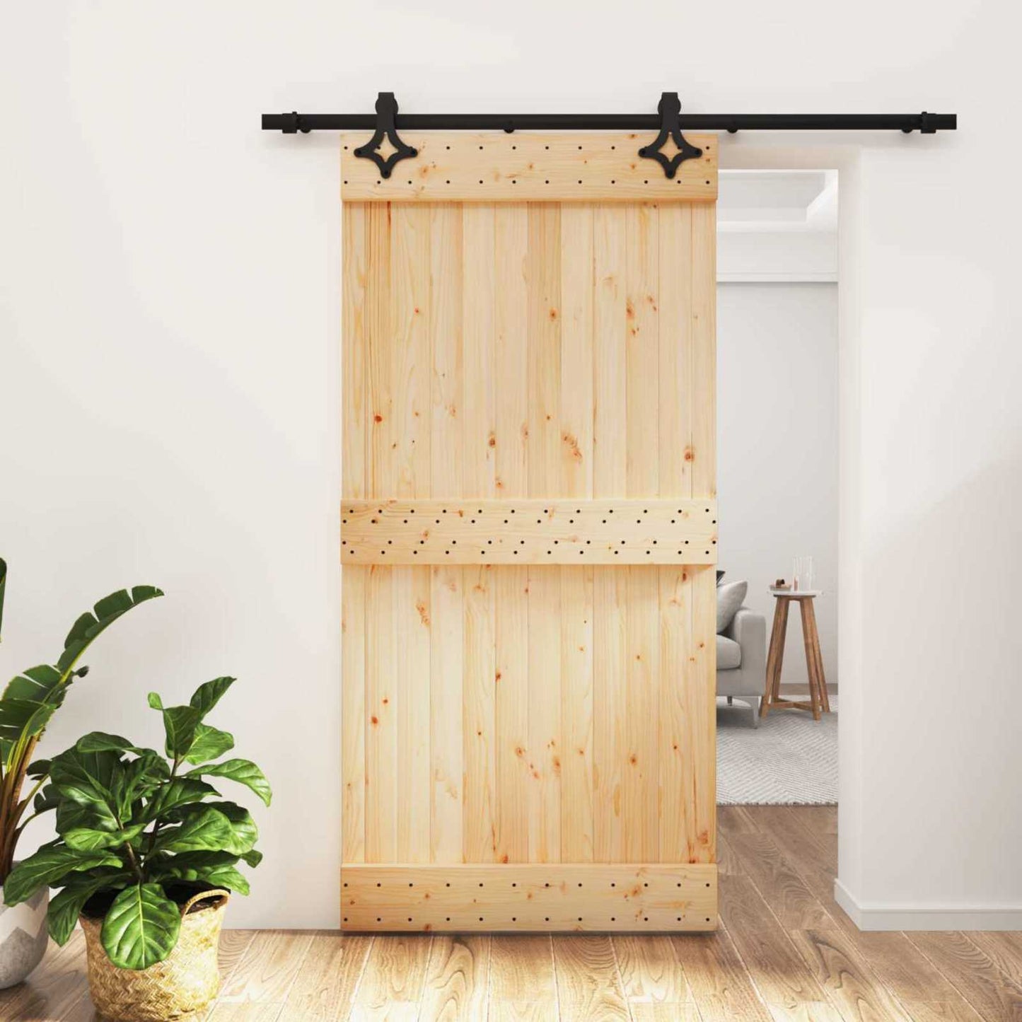 Schiebetür Natürlich und Schwarz 100 x 210 cm Massivkiefer