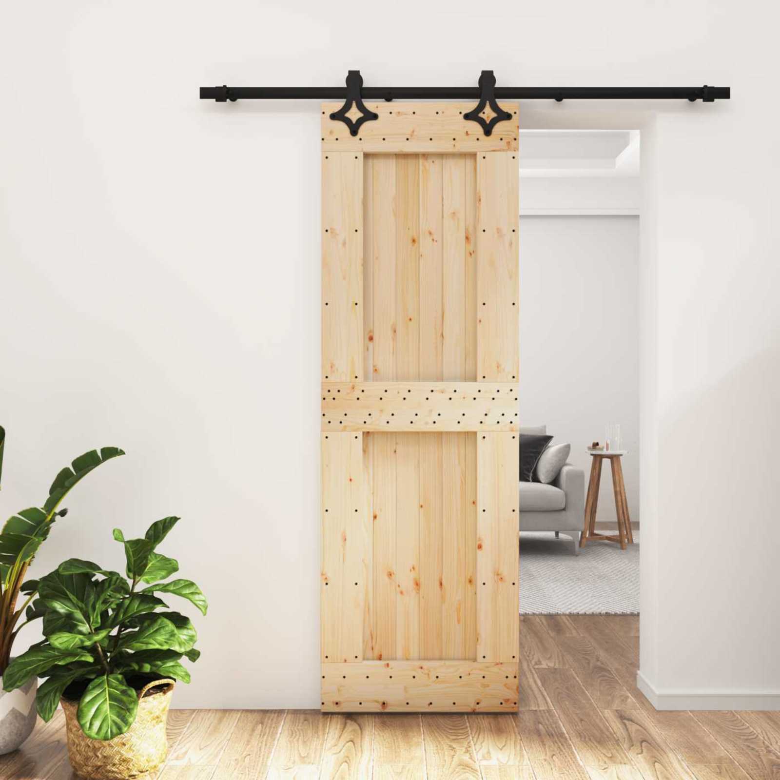 Schiebetür Natürlich und Schwarz 70 x 210 cm Massivkiefer