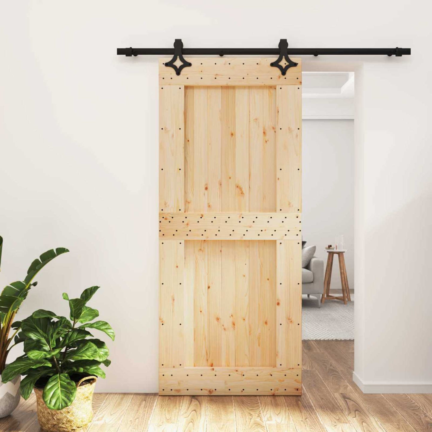 Schiebetür Natürlich und Schwarz 90 x 210 cm Massivkiefer
