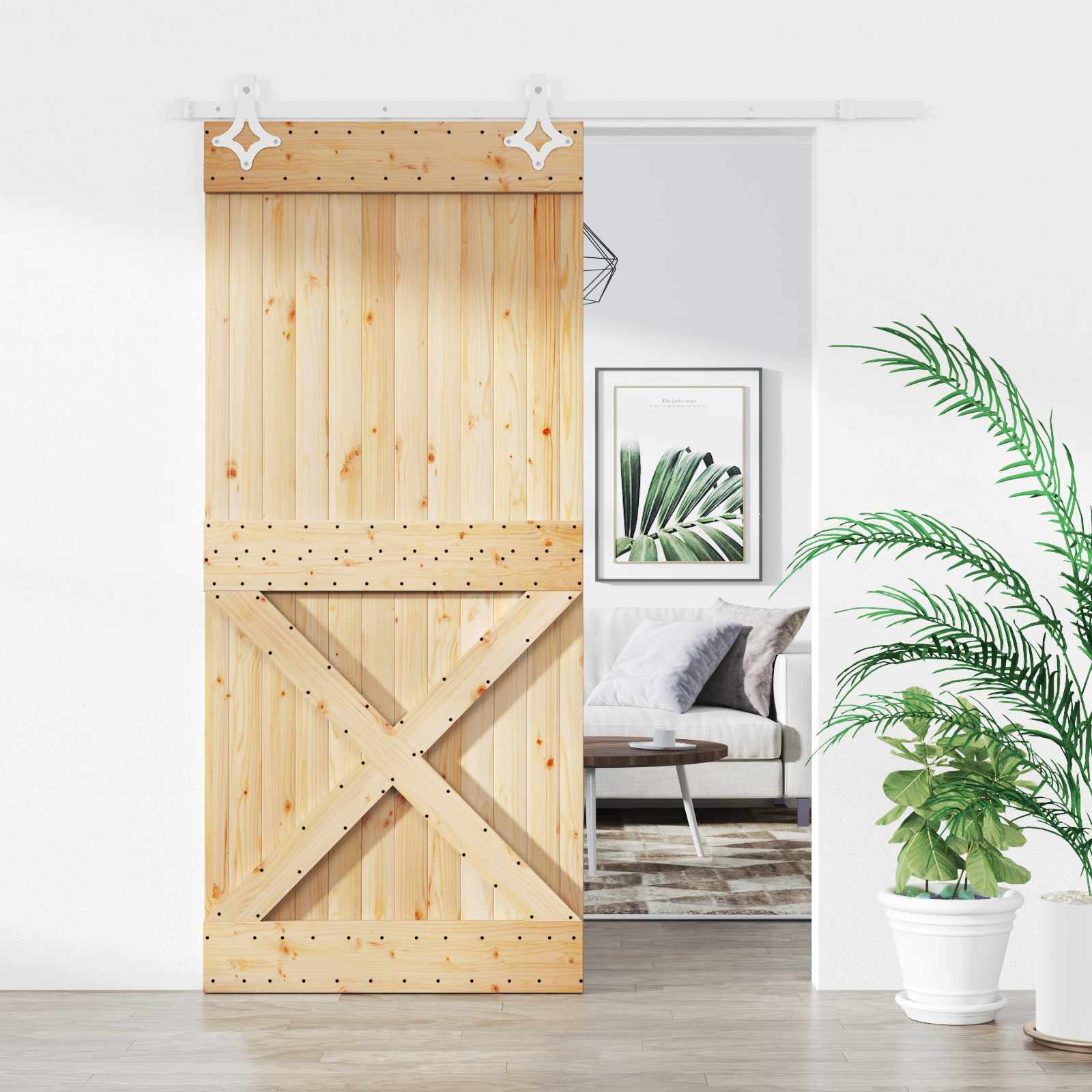 Schiebetür Natürlich und Weiß 90 x 210 cm Massivkiefer