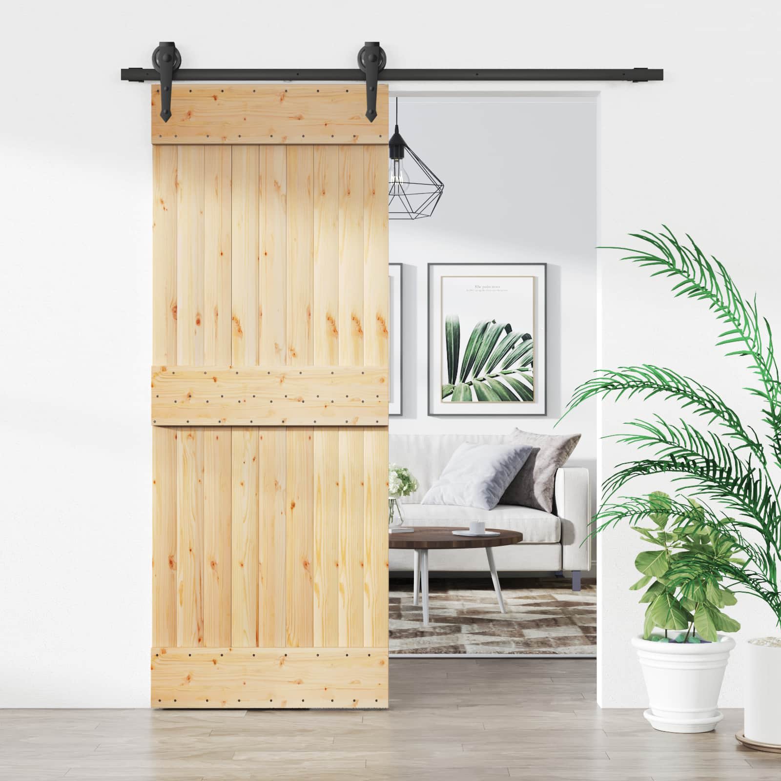 Schiebetür Natürlich und Schwarz 80 x 210 cm Massivkiefer
