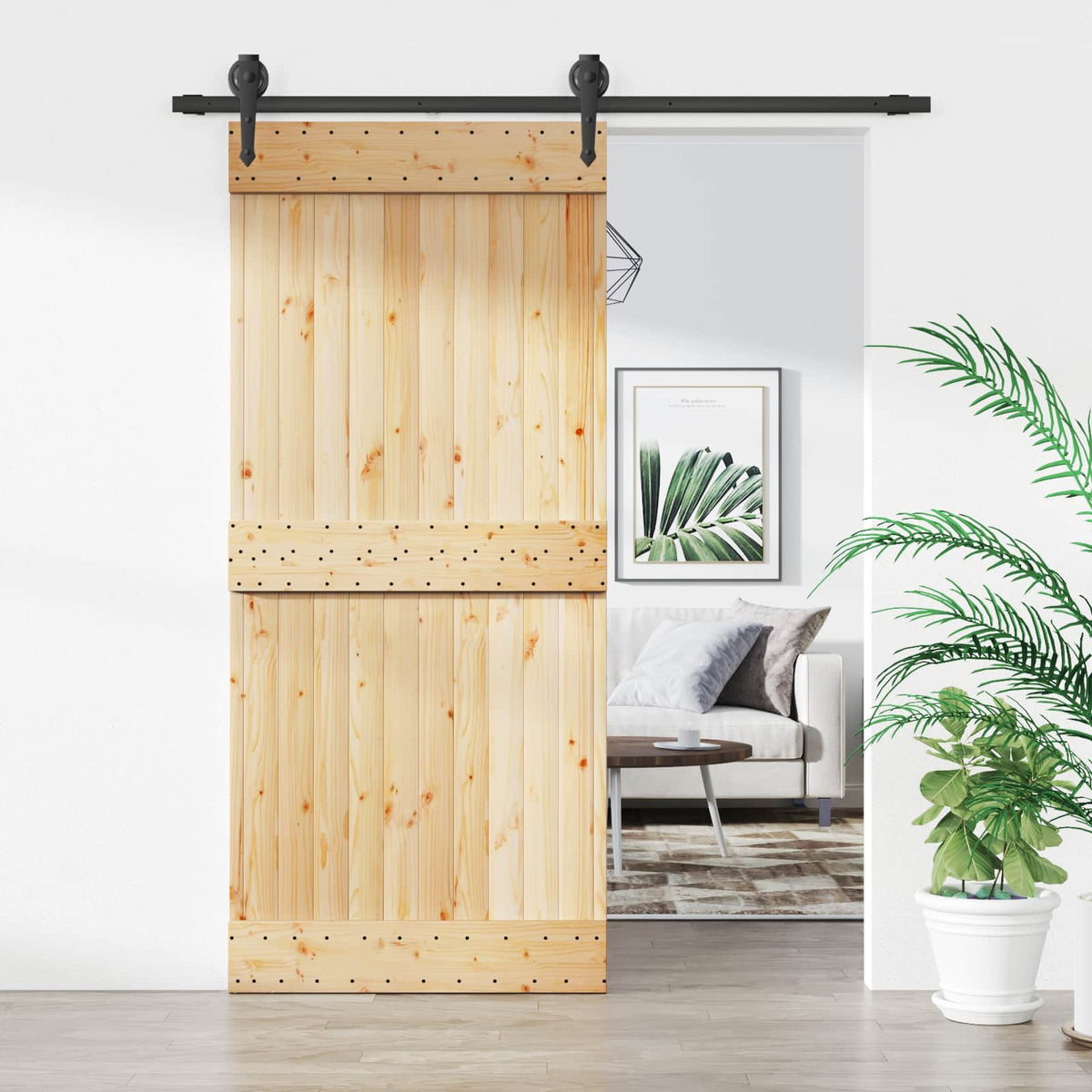 Schiebetür Natürlich und Schwarz 90 x 210 cm Massivkiefer