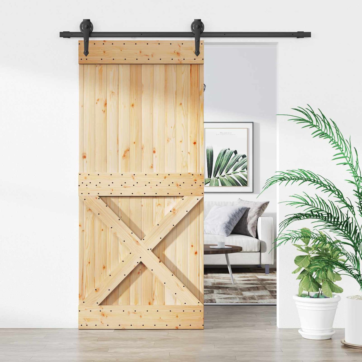 Schiebetür Natürlich und Schwarz 90 x 210 cm Massivkiefer