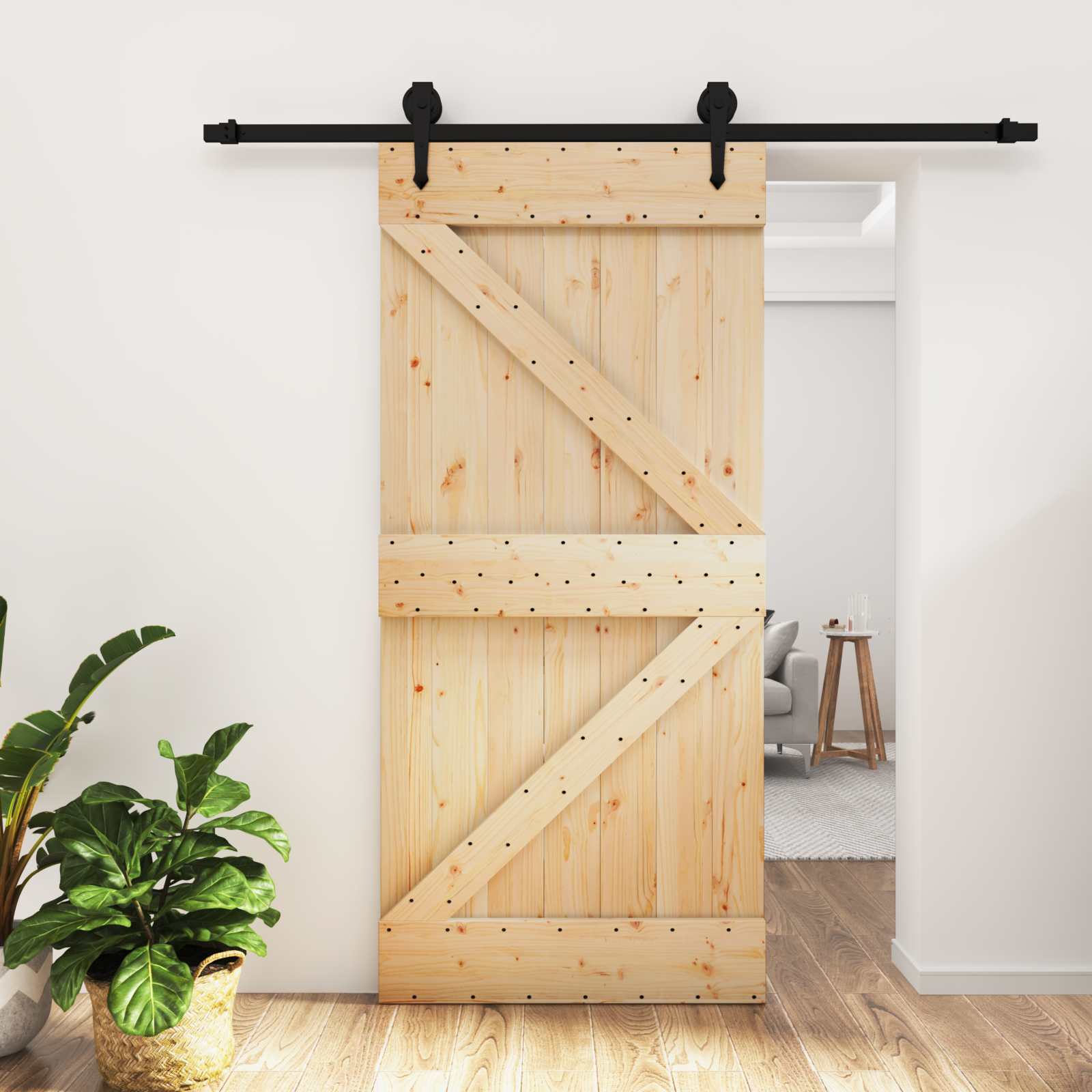 Schiebetür Natürlich und Schwarz 95 x 210 cm Massivkiefer