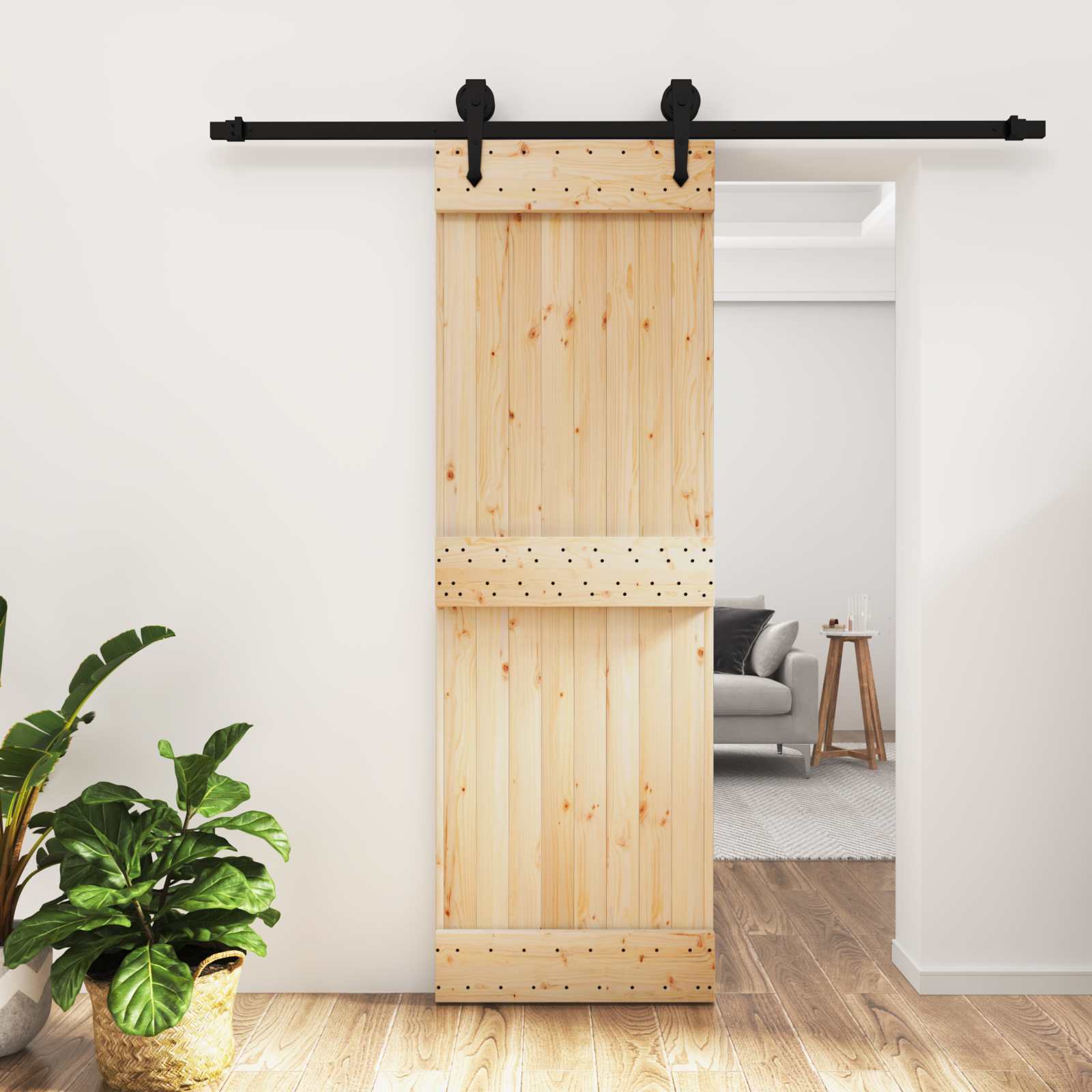 Schiebetür Natürlich und Schwarz 70 x 210 cm Massivkiefer
