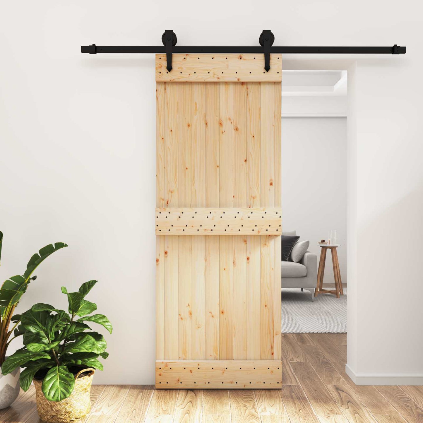 Schiebetür Natürlich und Schwarz 80 x 210 cm Massivkiefer