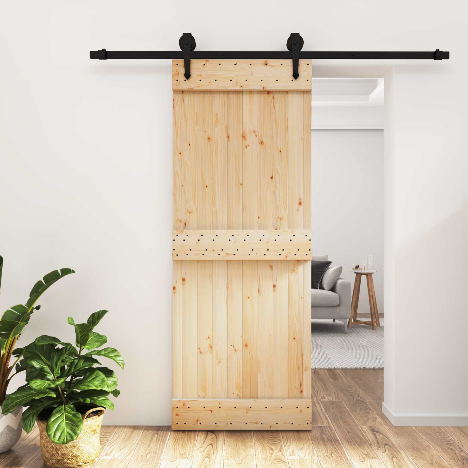 Schiebetür Natürlich und Schwarz 80 x 210 cm Massivkiefer