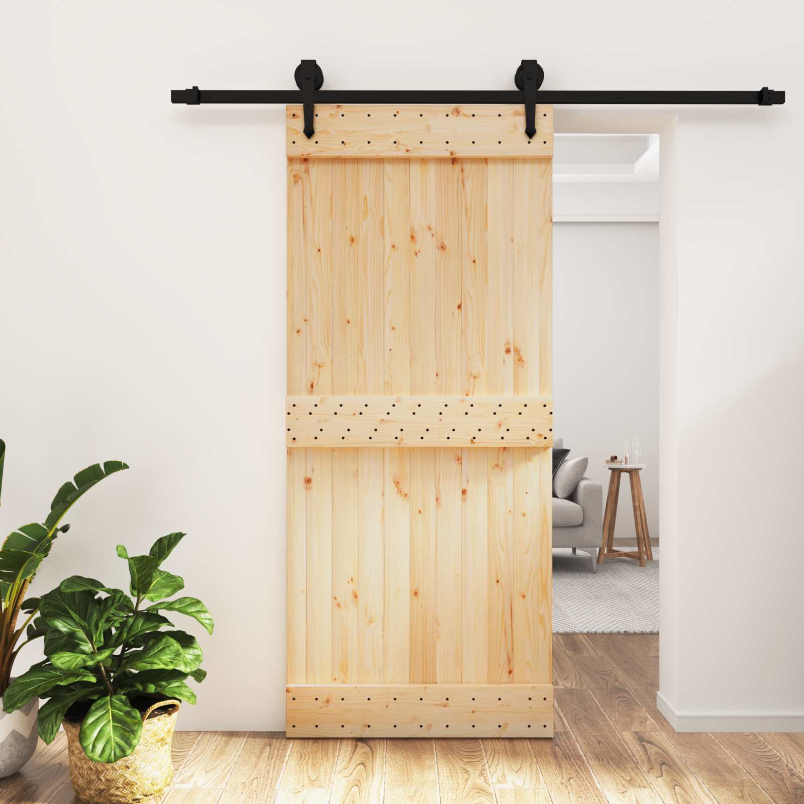 Schiebetür Natürlich und Schwarz 90 x 210 cm Massivkiefer