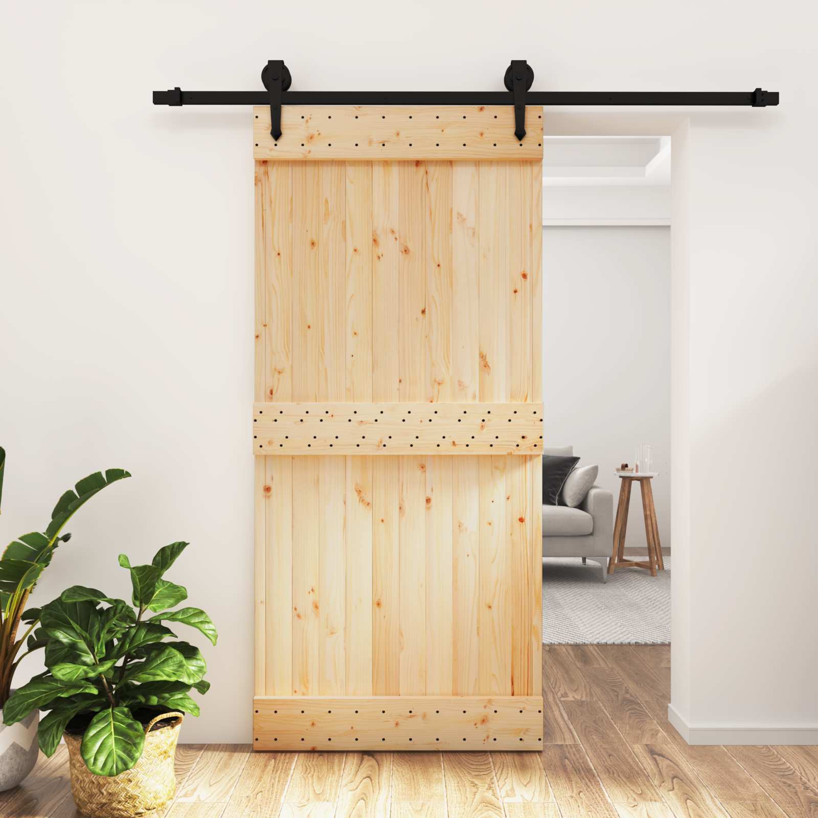 Schiebetür Natürlich und Schwarz 95 x 210 cm Massivkiefer