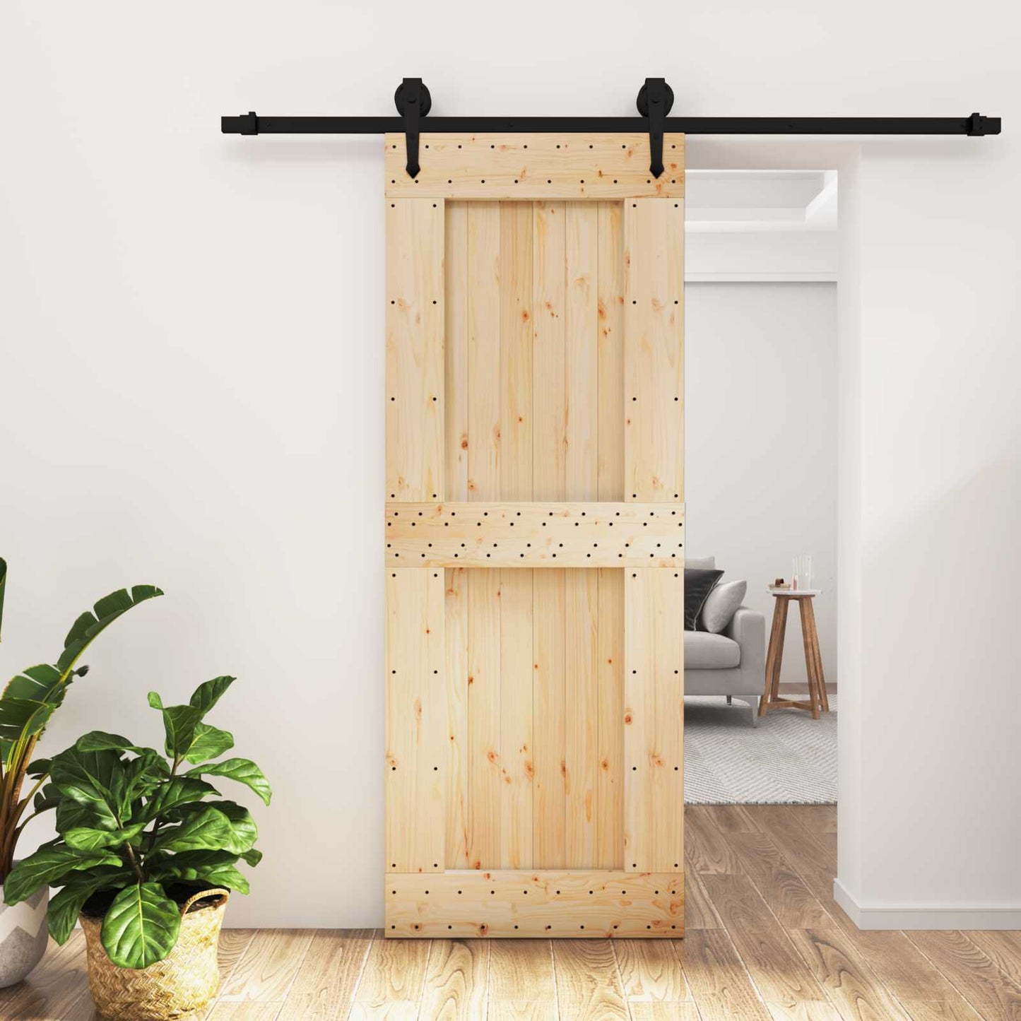 Schiebetür Natürlich und Schwarz 80 x 210 cm Massivkiefer