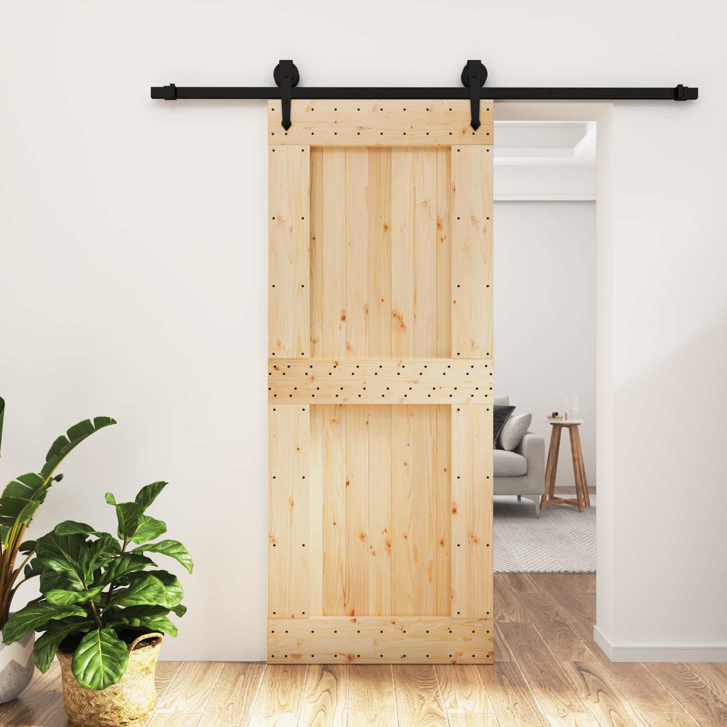 Schiebetür Natürlich und Schwarz 85 x 210 cm Massivkiefer