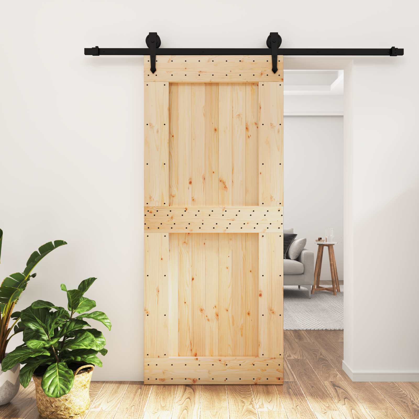 Schiebetür Natürlich und Schwarz 90 x 210 cm Massivkiefer