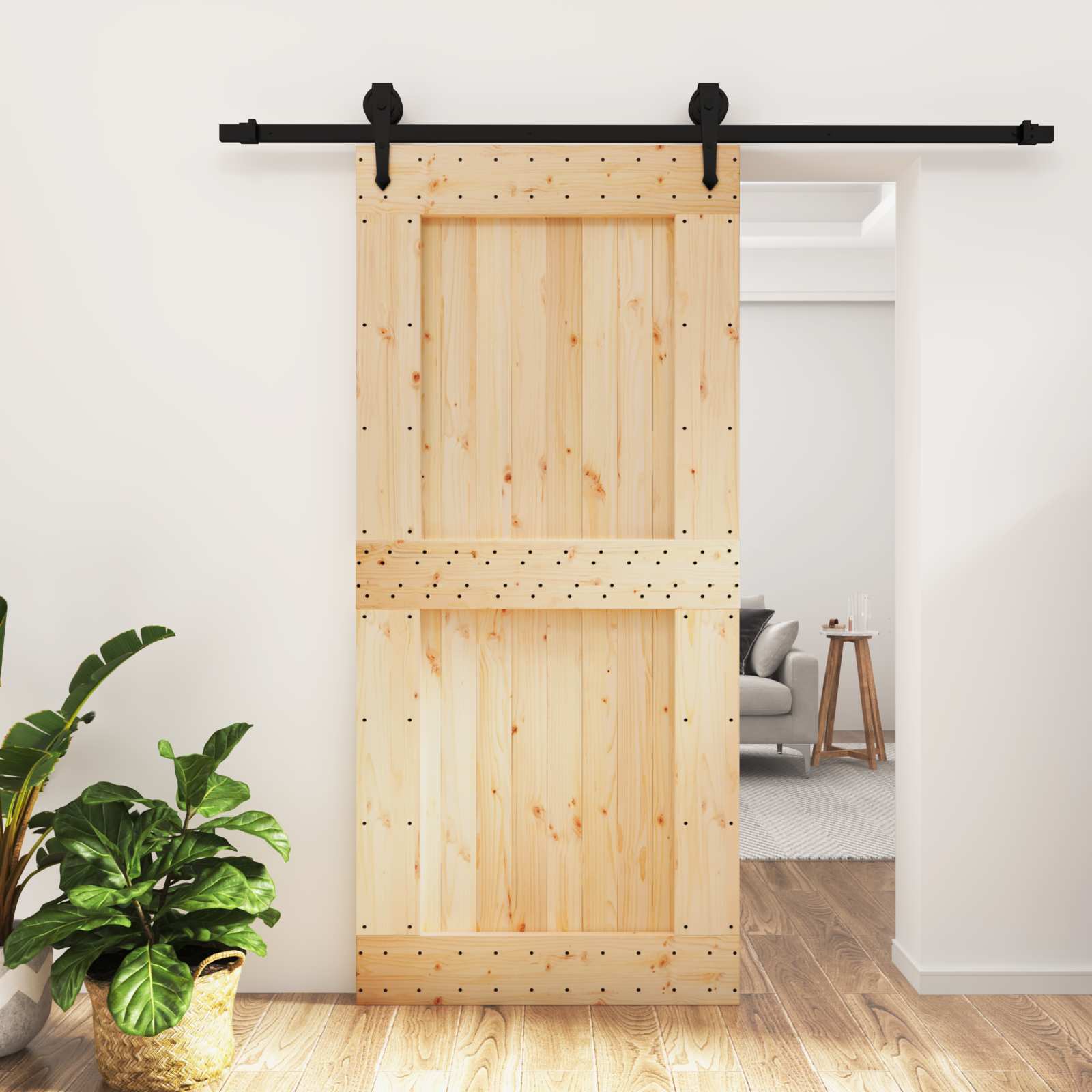 Schiebetür Natürlich und Schwarz 95 x 210 cm Massivkiefer