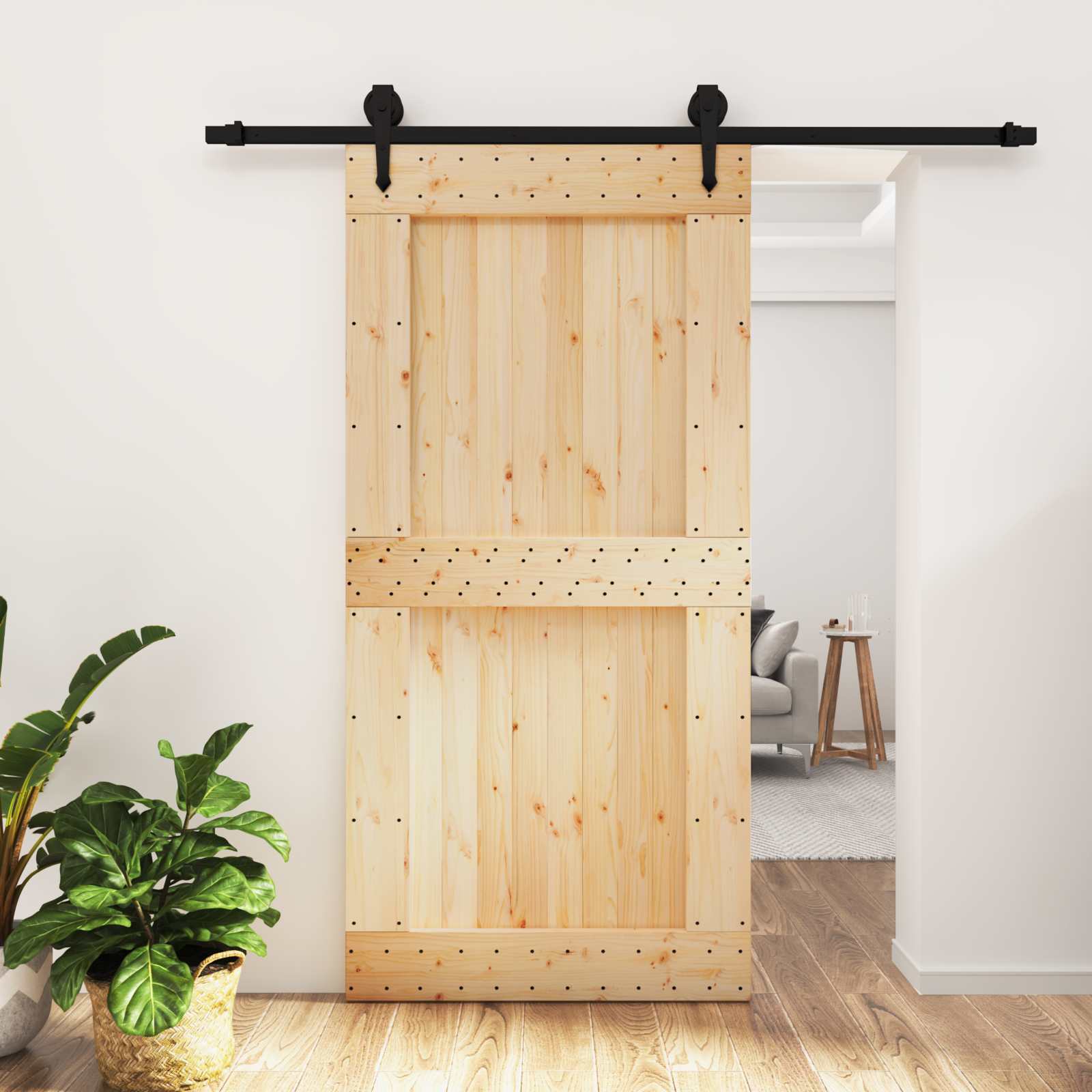 Schiebetür Natürlich und Schwarz 100 x 210 cm Massivkiefer