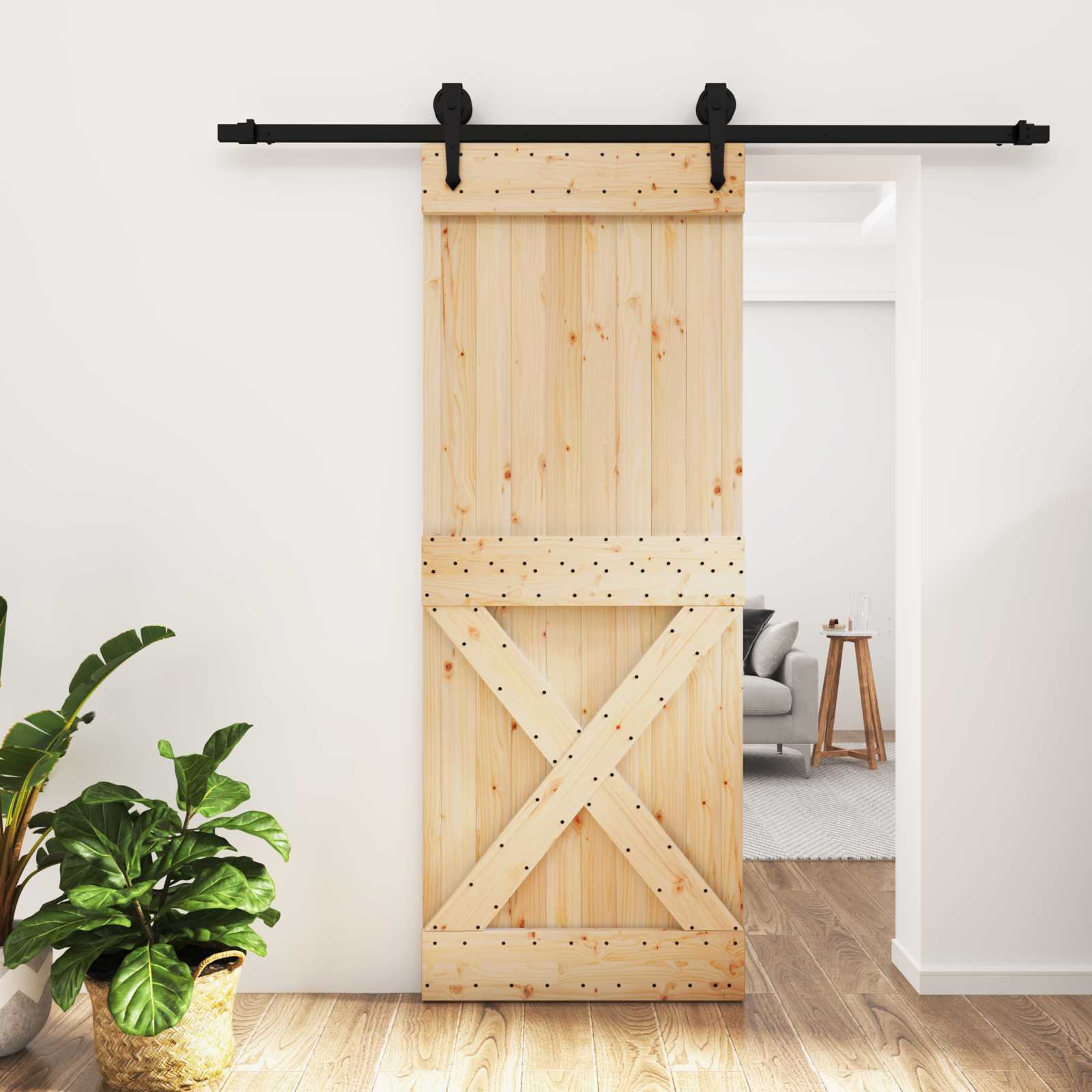 Schiebetür Natürlich und Schwarz 80 x 210 cm Massivkiefer