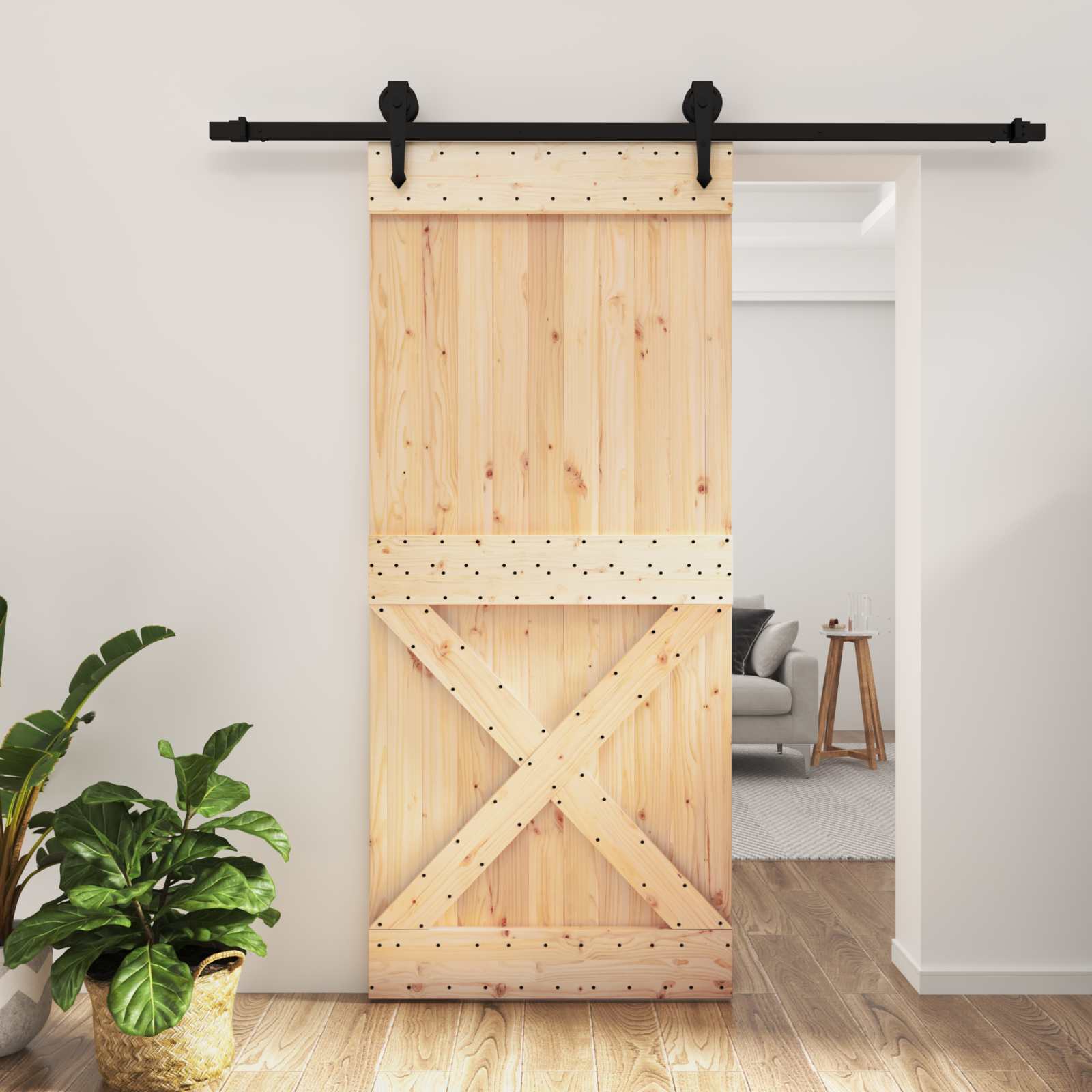 Schiebetür Natürlich und Schwarz 90 x 210 cm Massivkiefer