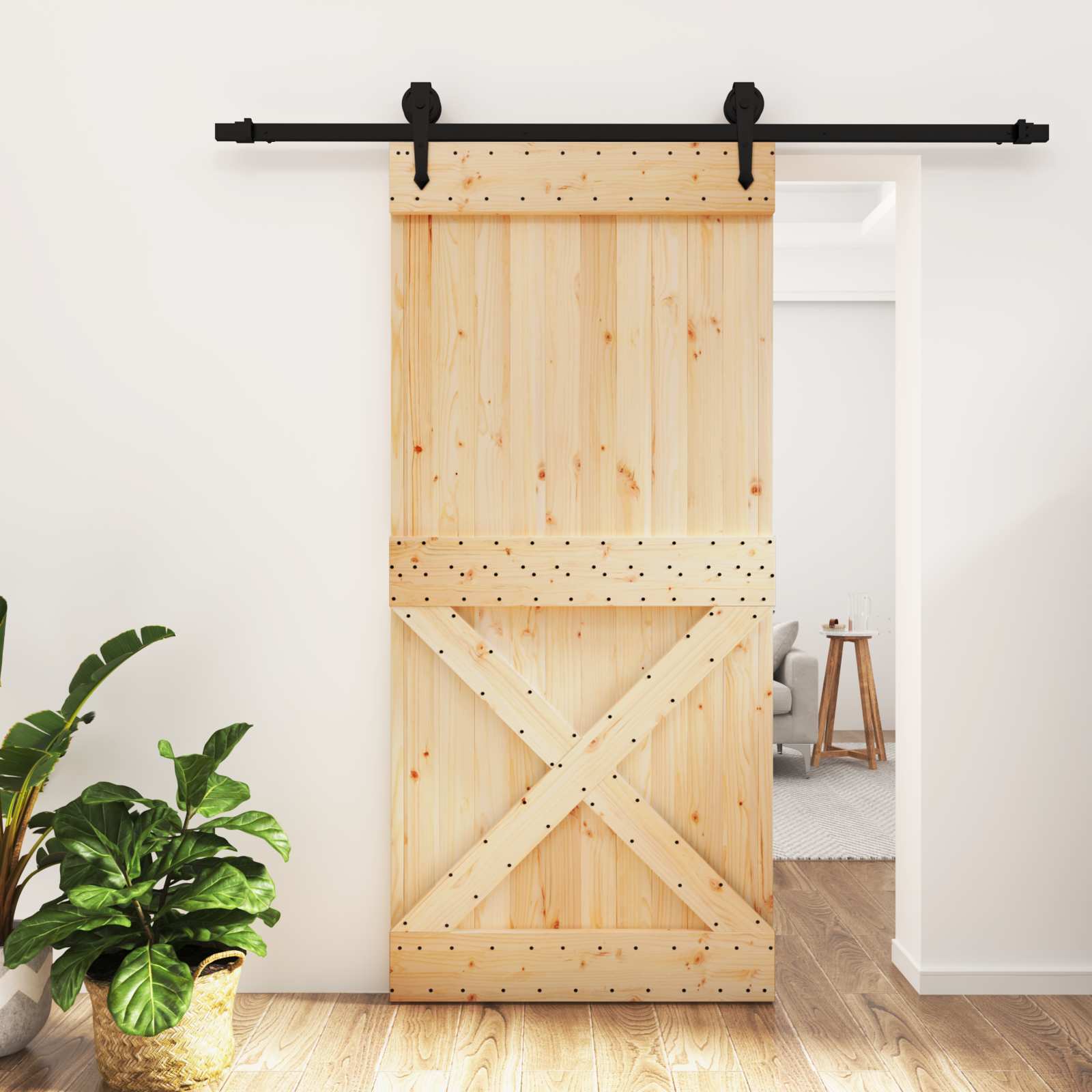 Schiebetür Natürlich und Schwarz 95 x 210 cm Massivkiefer