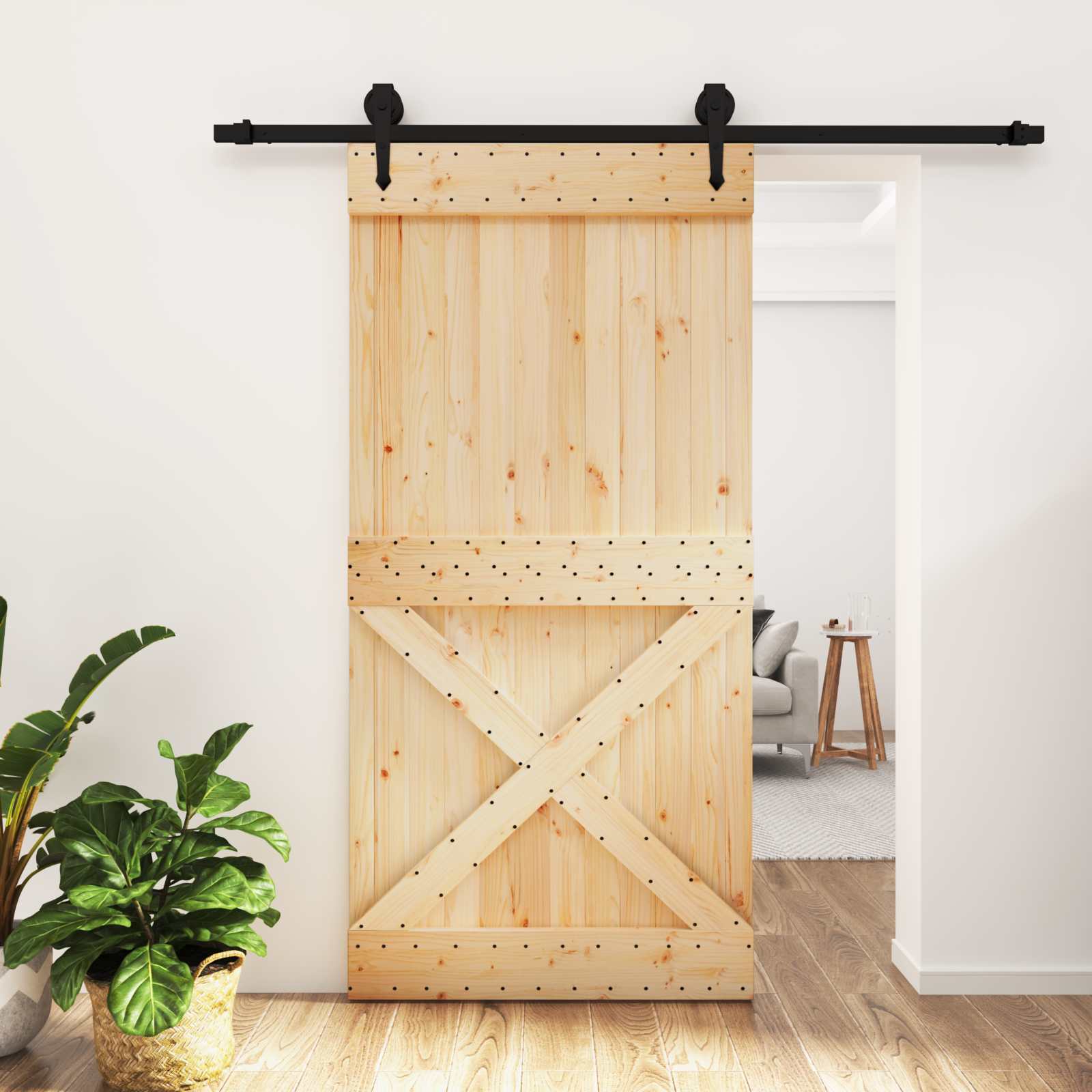 Schiebetür Natürlich und Schwarz 100 x 210 cm Massivkiefer