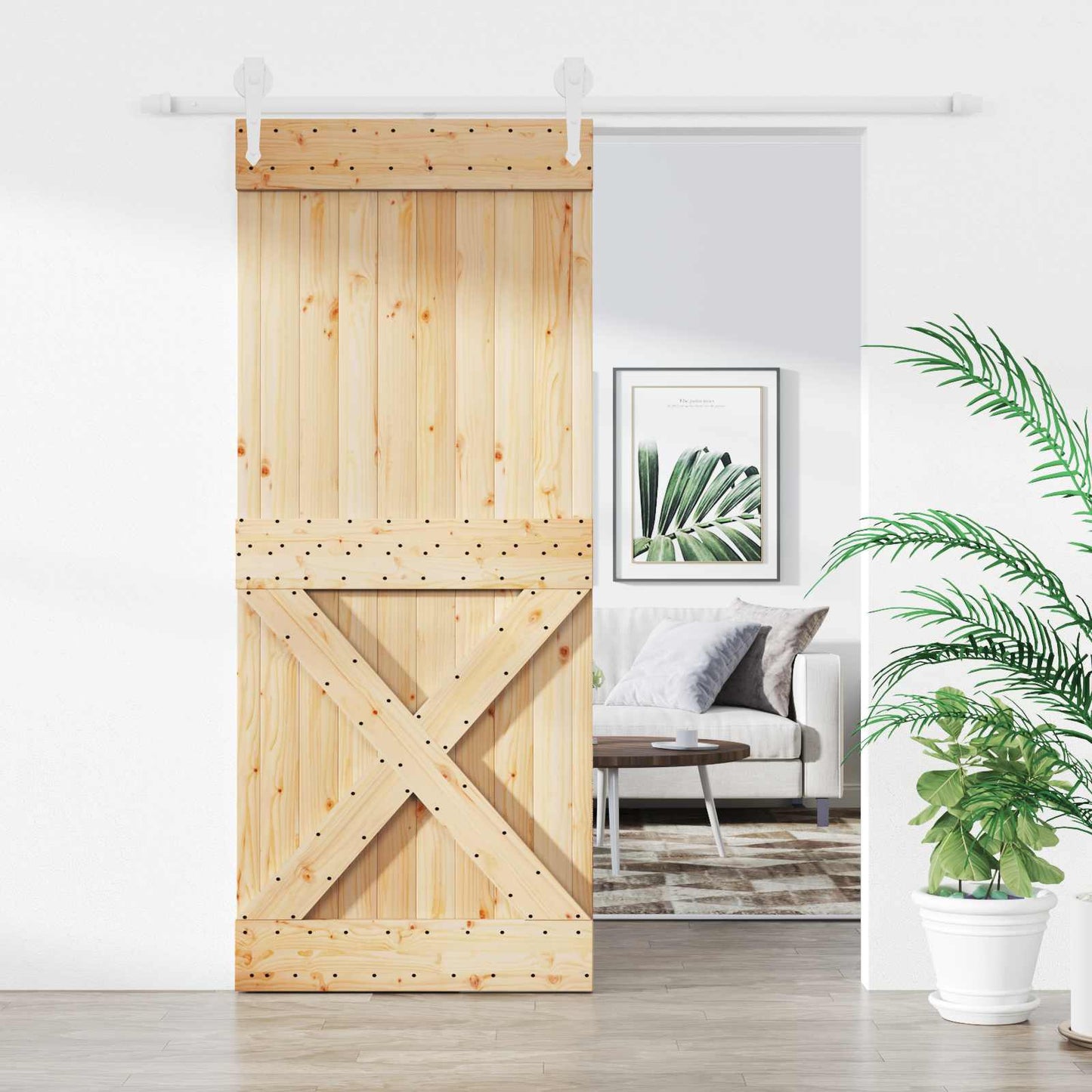 Schiebetür Natürlich und Weiß 100 x 210 cm Massives Kiefernholz