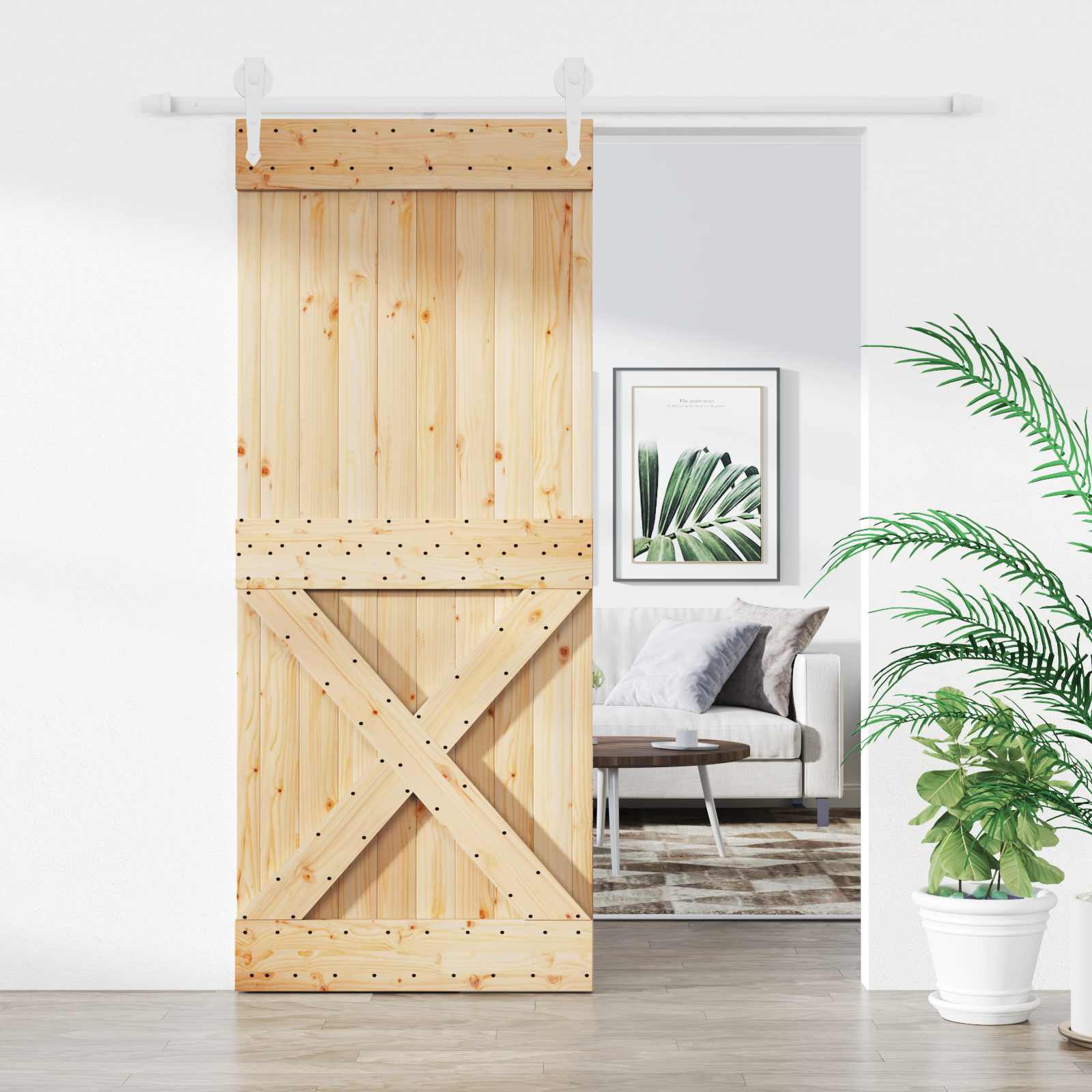Schiebetür Natürlich und Weiß 100 x 210 cm Massives Kiefernholz