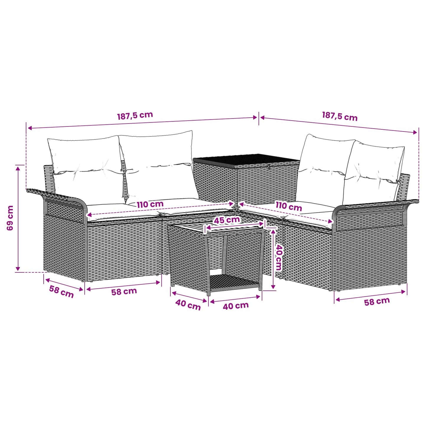 Sofa Set 6 stk. Schwarz Polyrattan und Stahl
