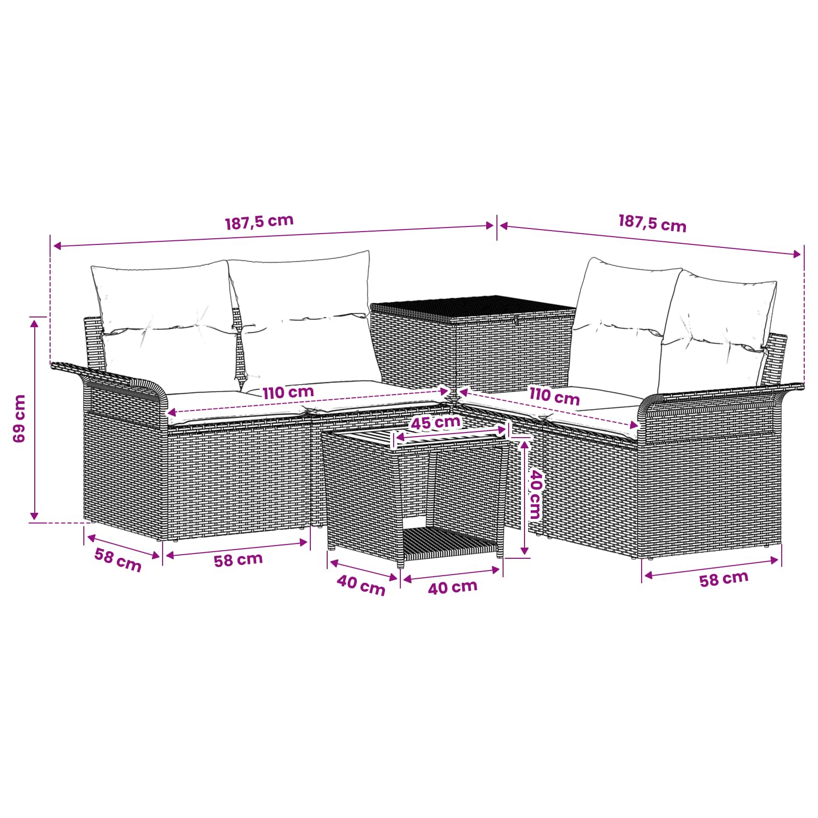 Sofa Set 6 stk. Schwarz Polyrattan und Stahl