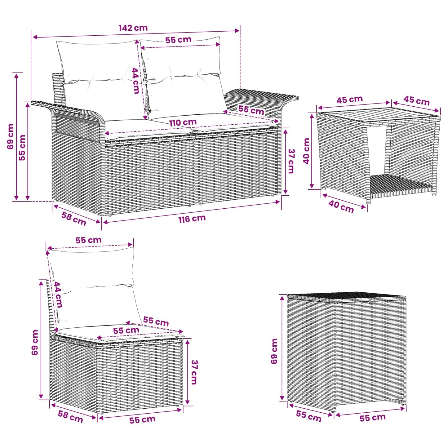 Sofa Set 6 stk. Schwarz Polyrattan und Stahl