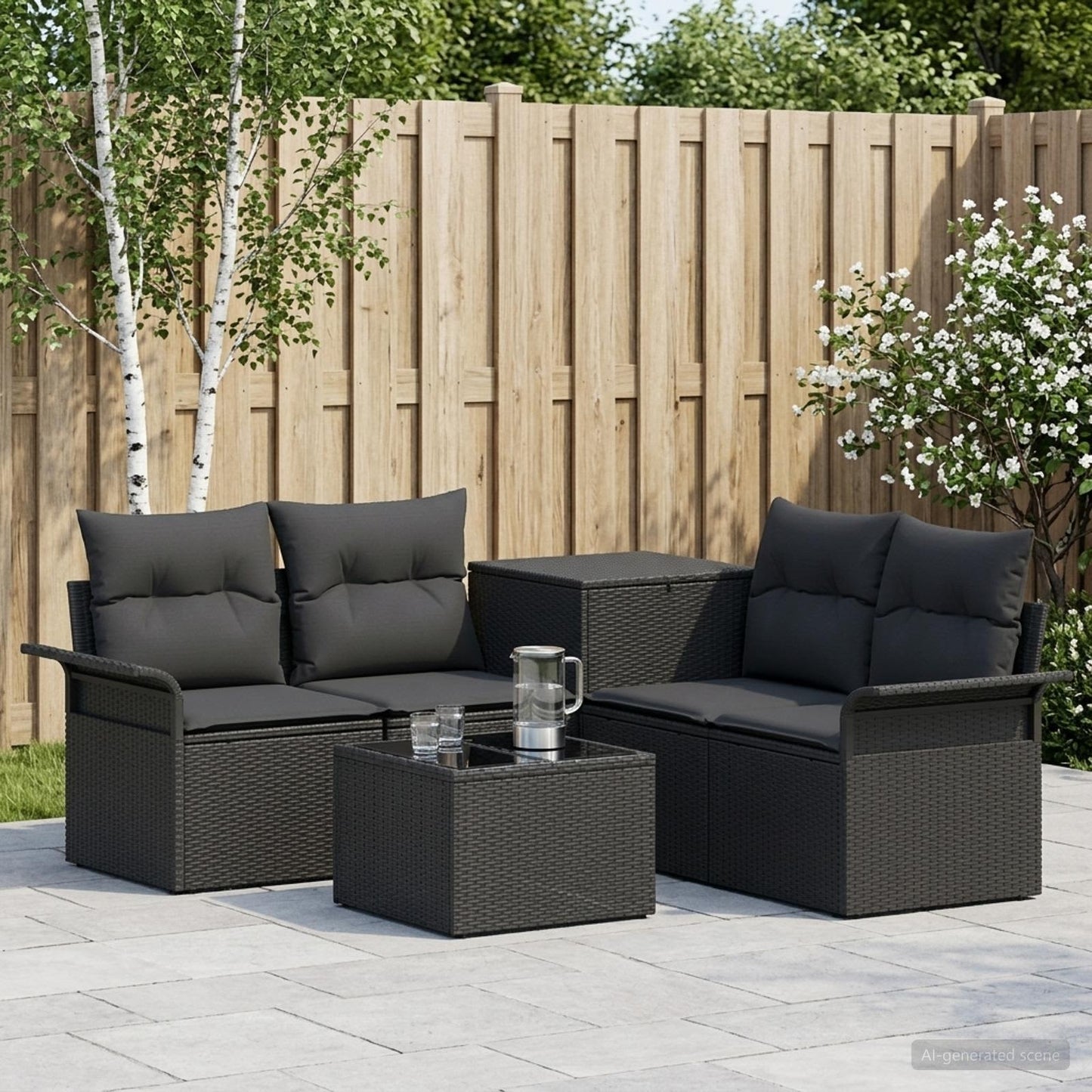 Sofa Set 6 stk. 4-Sitzanzahl Schwarz Polyrattan und Stahl