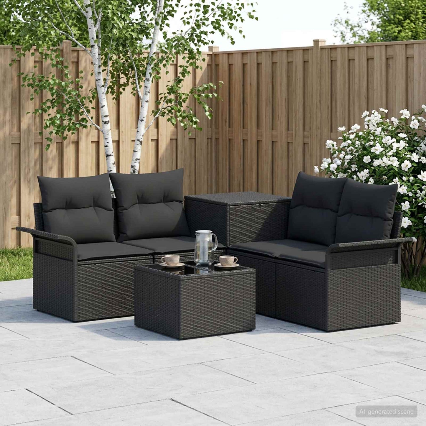 Sofa Set 6 stk. 4-Sitzanzahl Schwarz Polyrattan und Stahl