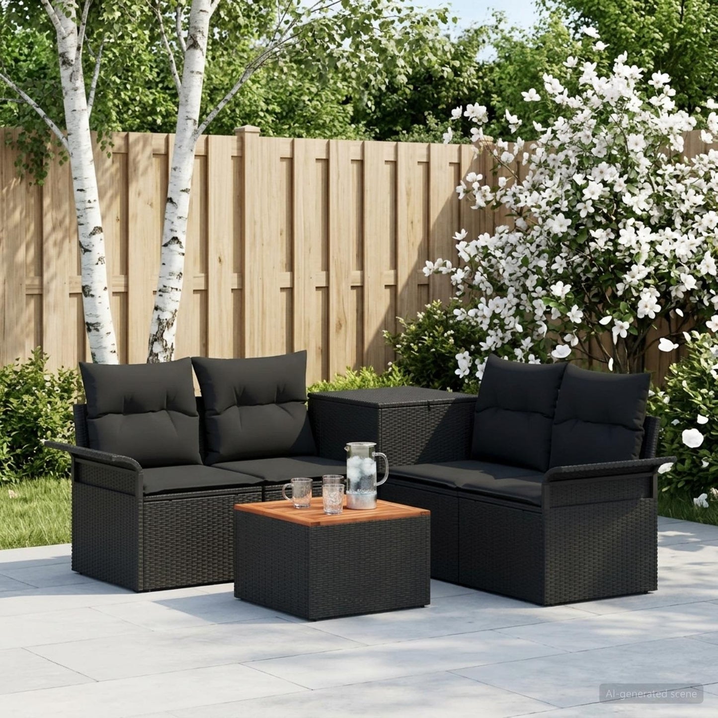 Sofa Set 6 stk. 4-Sitzanzahl Schwarz Polyrattan und Stahl