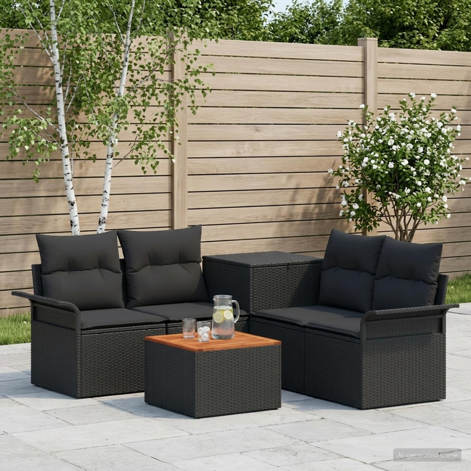 Sofa Set 6 stk. 4-Sitzanzahl Schwarz Polyrattan und Stahl
