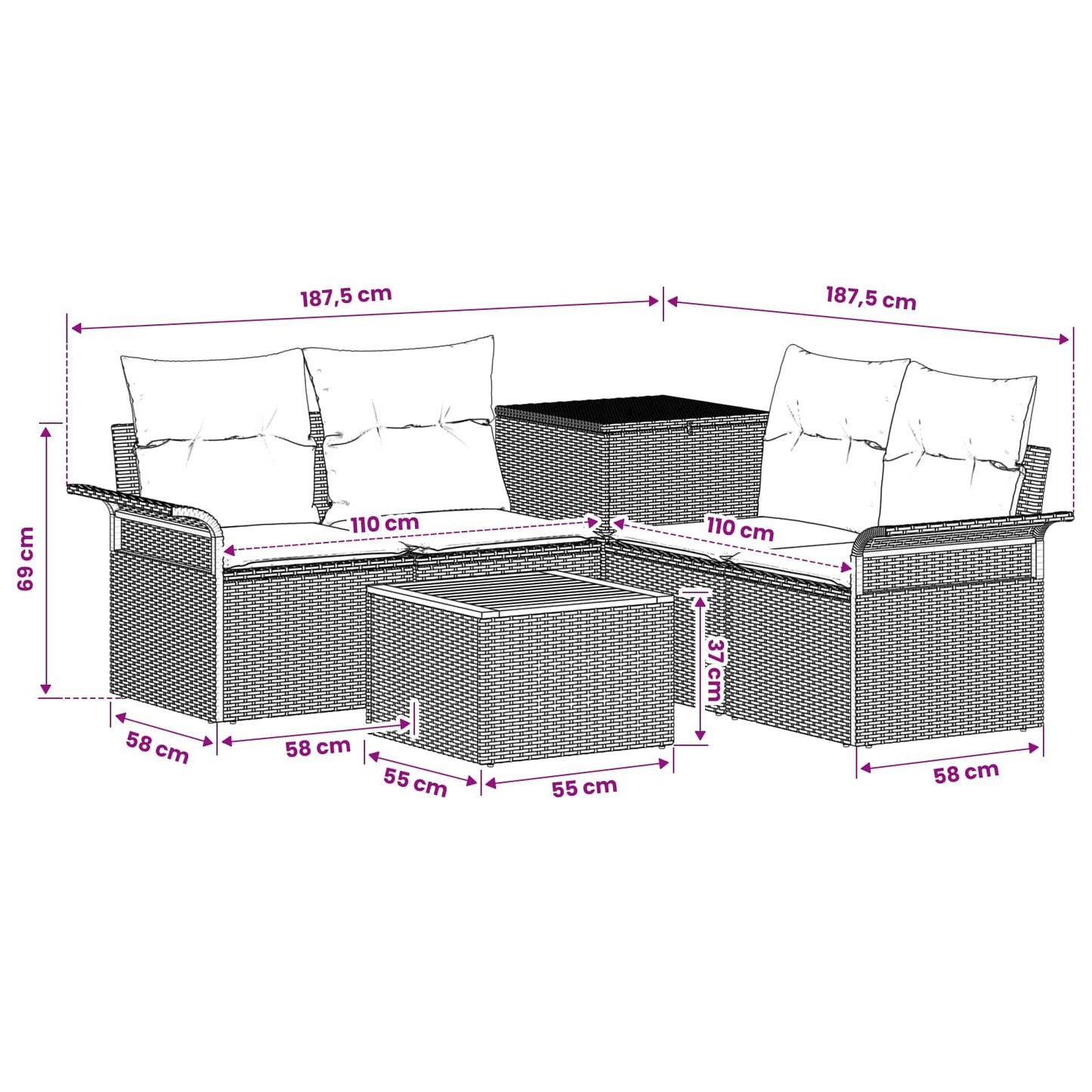 Sofa Set 6 stk. 4-Sitzanzahl Schwarz Polyrattan und Stahl