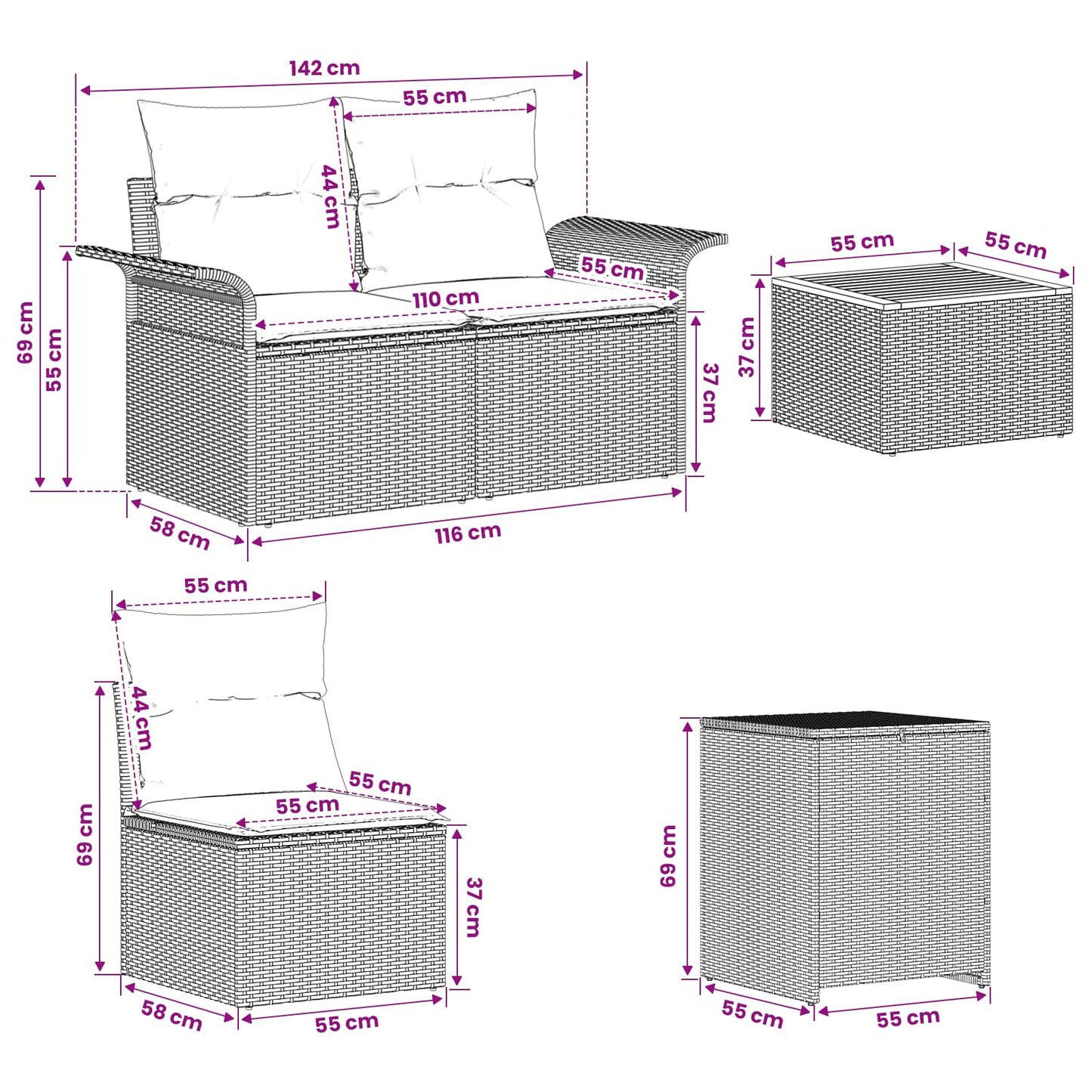 Sofa Set 6 stk. 4-Sitzanzahl Schwarz Polyrattan und Stahl