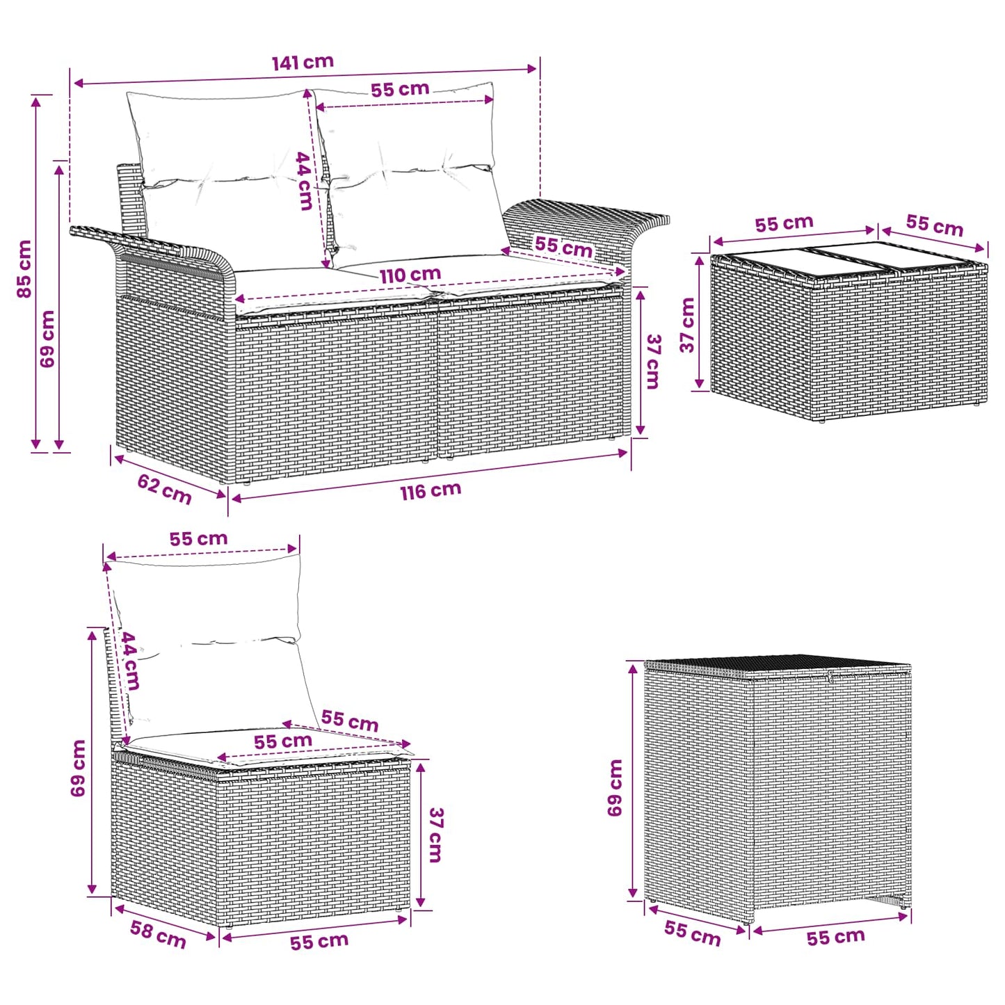 Sofa Set 6 stk. 4-Sitzanzahl Grau und Dunkelgrau
