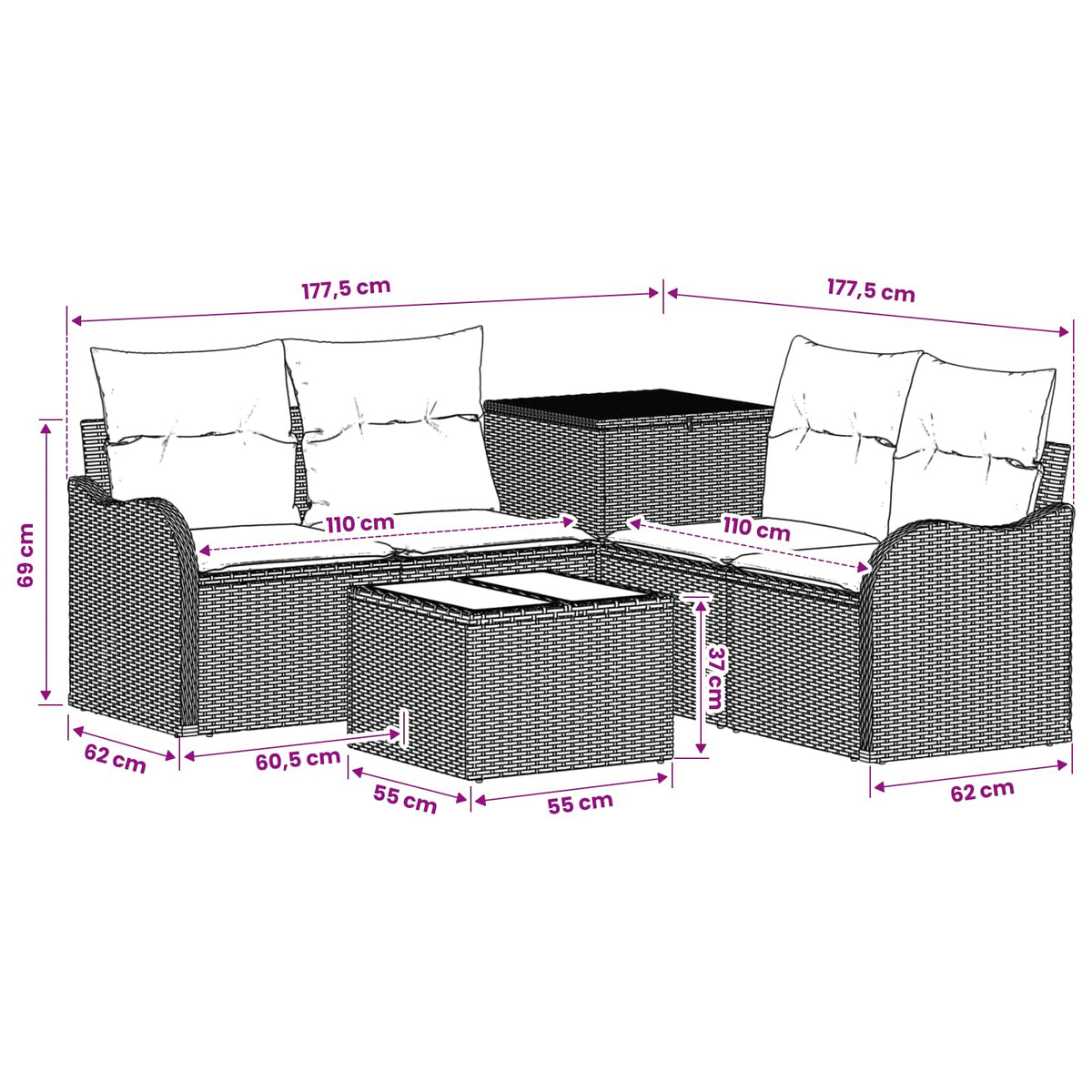 Sofa Set 6 stk. Schwarz 55 x 55 x 37 cm Polyrattan und Stahl