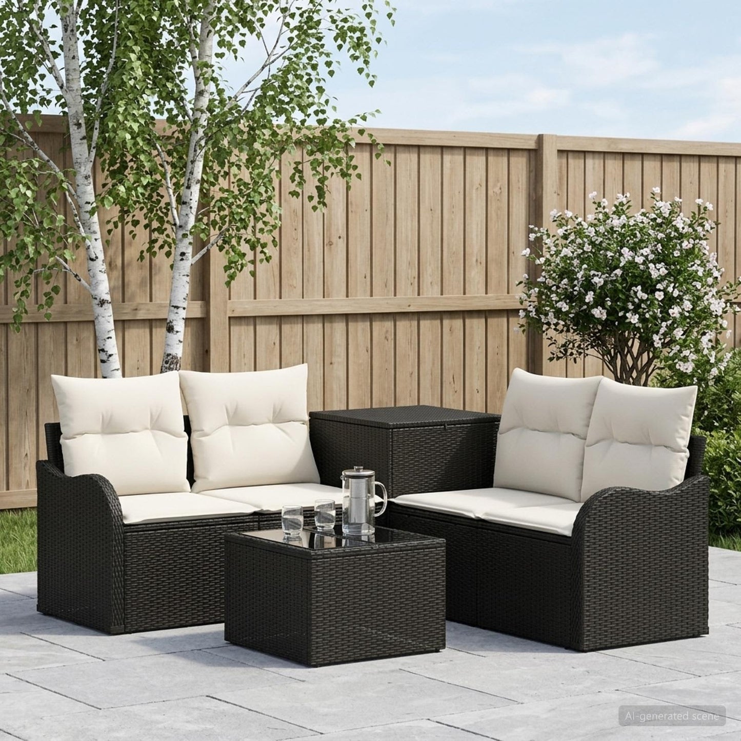 Sofa Set 6 stk. Schwarz und Cremeweiß Polyrattan und Stahl