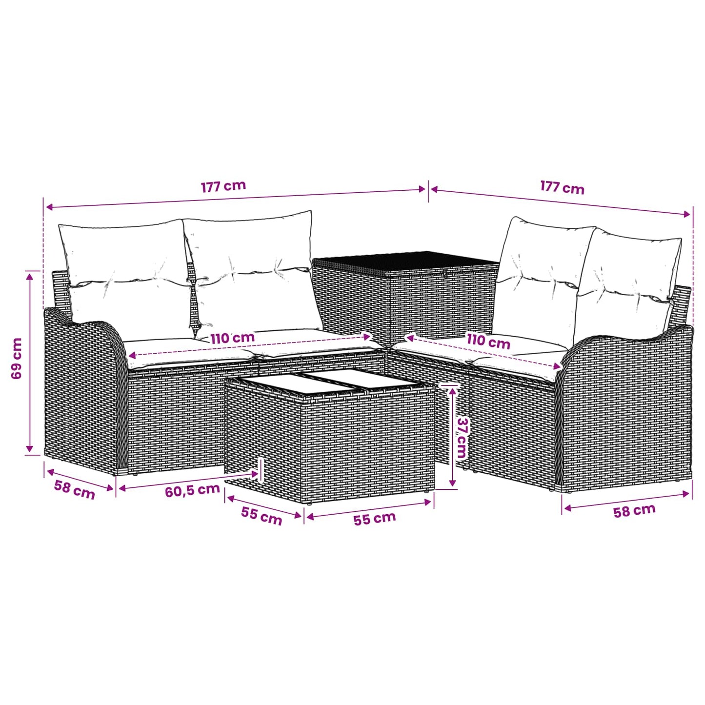 Sofa Set 6 stk. Schwarz und Cremeweiß Polyrattan und Stahl