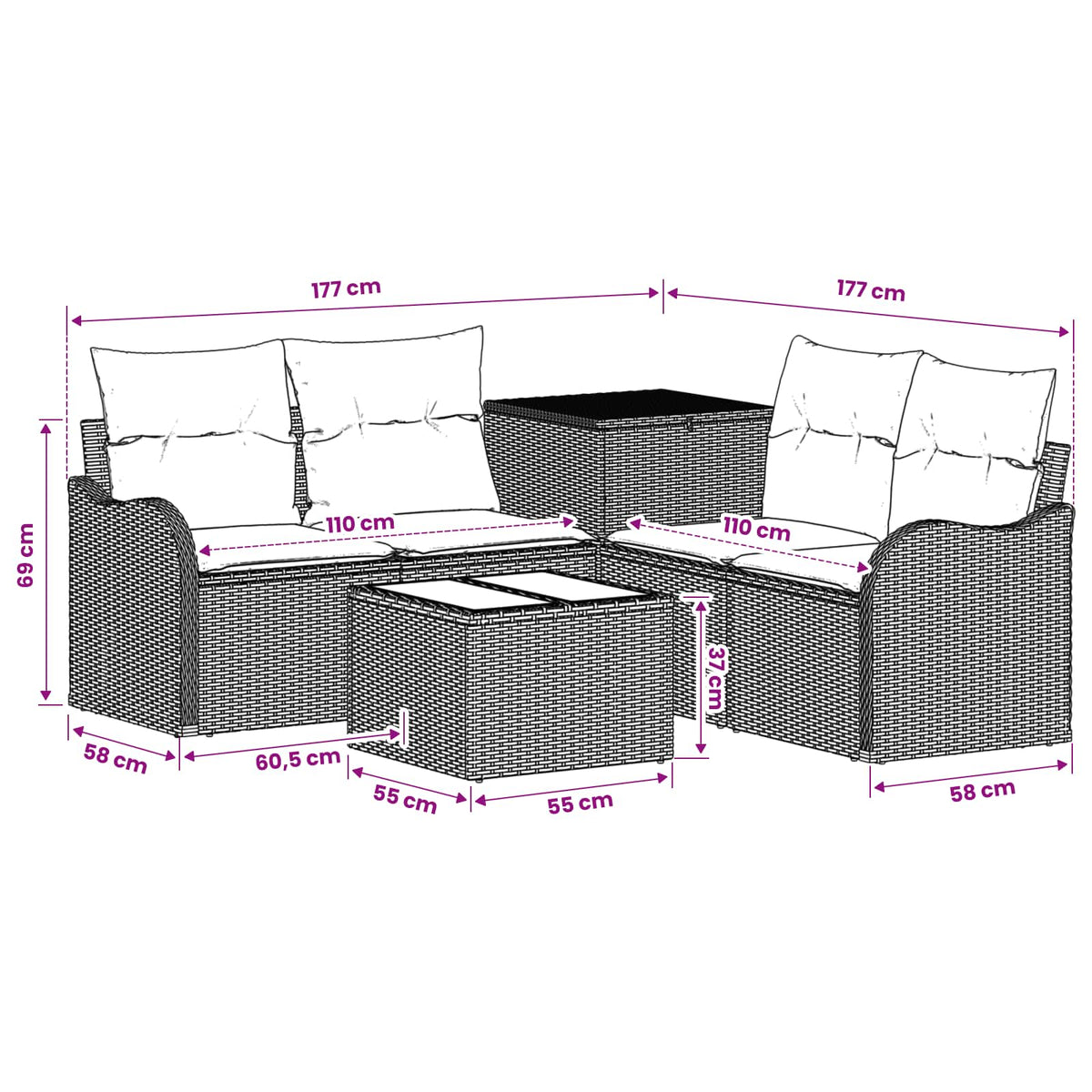Sofa Set 6 stk. Schwarz und Cremeweiß 55 x 55 x 37 cm