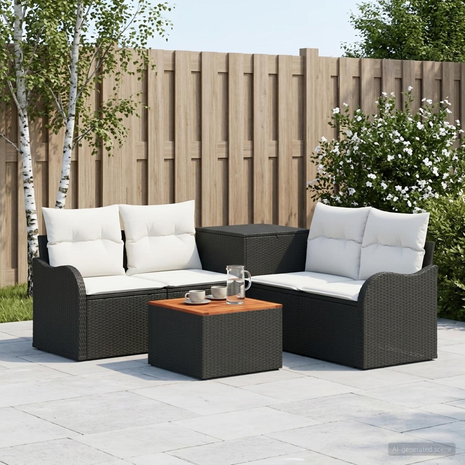 Sofa Set 6 stk. Schwarz und Cremeweiß Polyrattan und Stahl