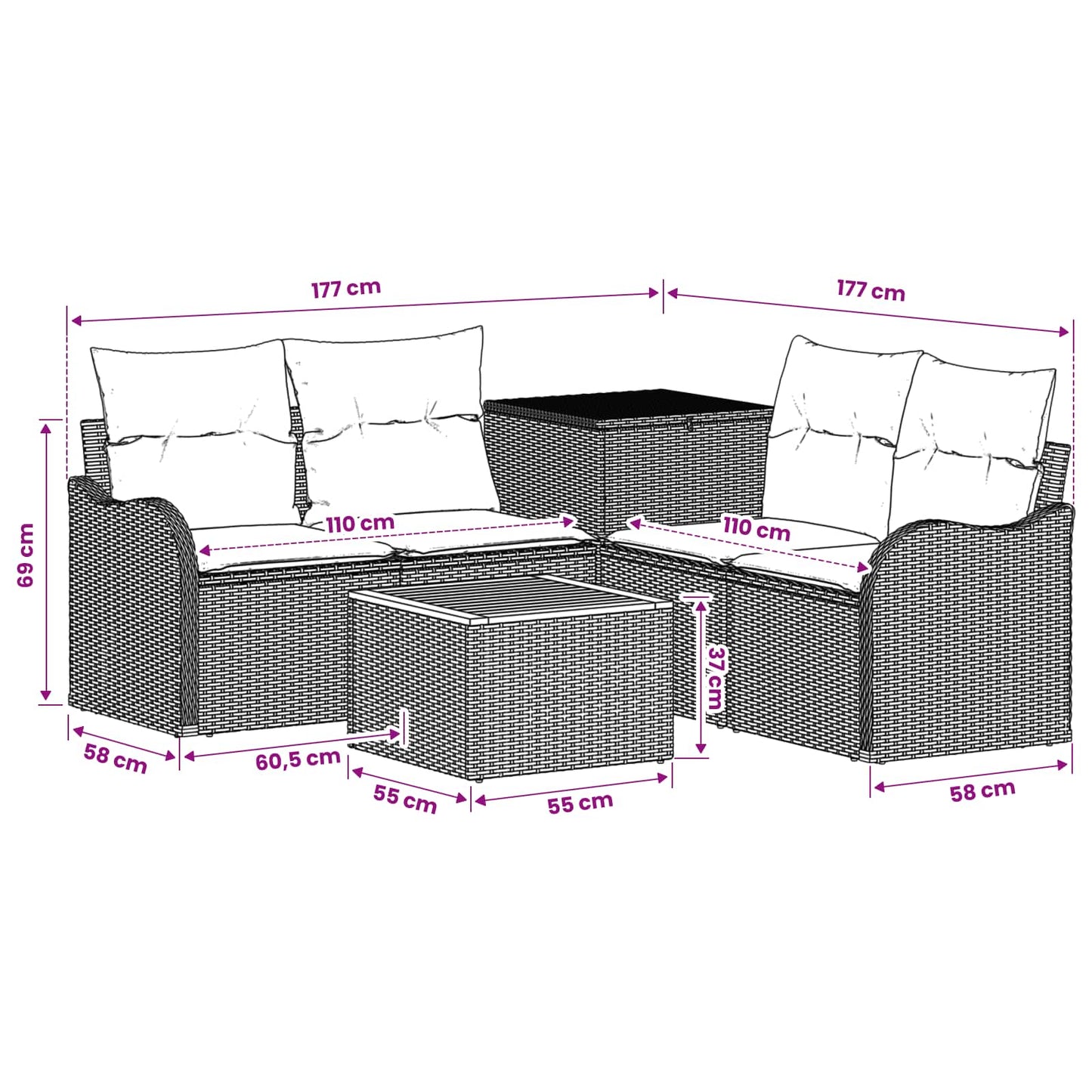 Sofa Set 6 stk. Schwarz und Cremeweiß Polyrattan und Stahl