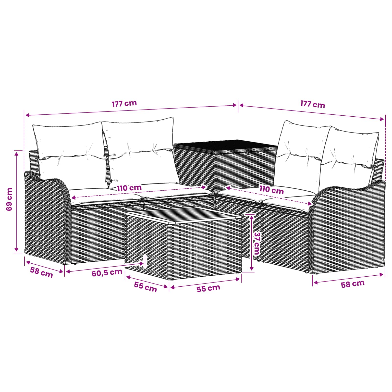 Sofa Set 6 stk. Schwarz und Cremeweiß Polyrattan und Stahl