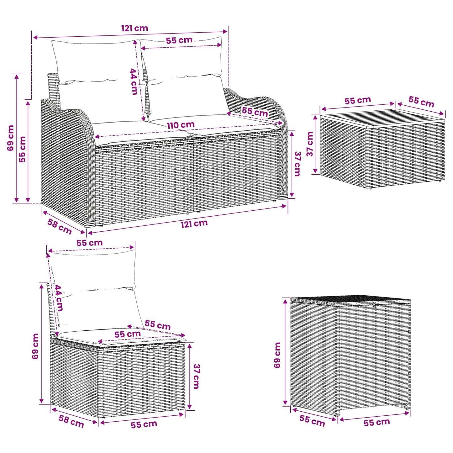 Sofa Set 6 stk. Schwarz und Cremeweiß Polyrattan und Stahl