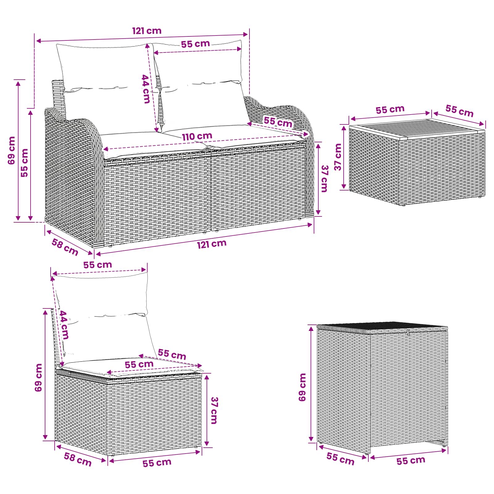 Sofa Set 6 stk. Schwarz und Cremeweiß Polyrattan und Stahl