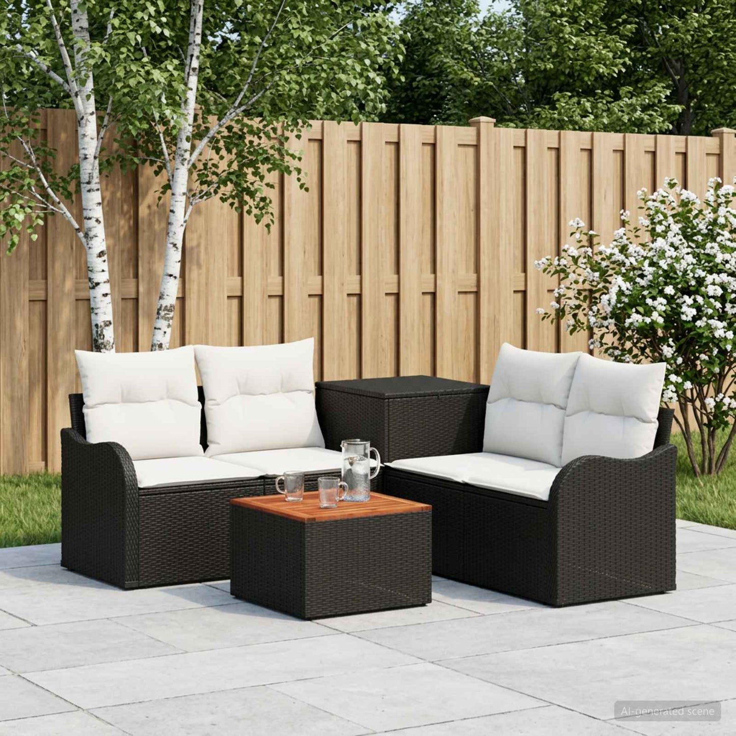 Sofa Set 6 stk. Schwarz und Cremeweiß Polyrattan und Stahl