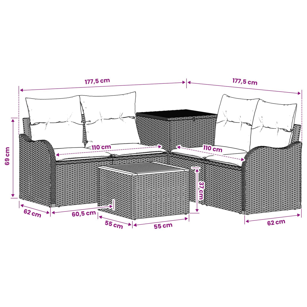 Sofa Set 6 stk. Grau und Dunkelgrau 55 x 55 x 37 cm